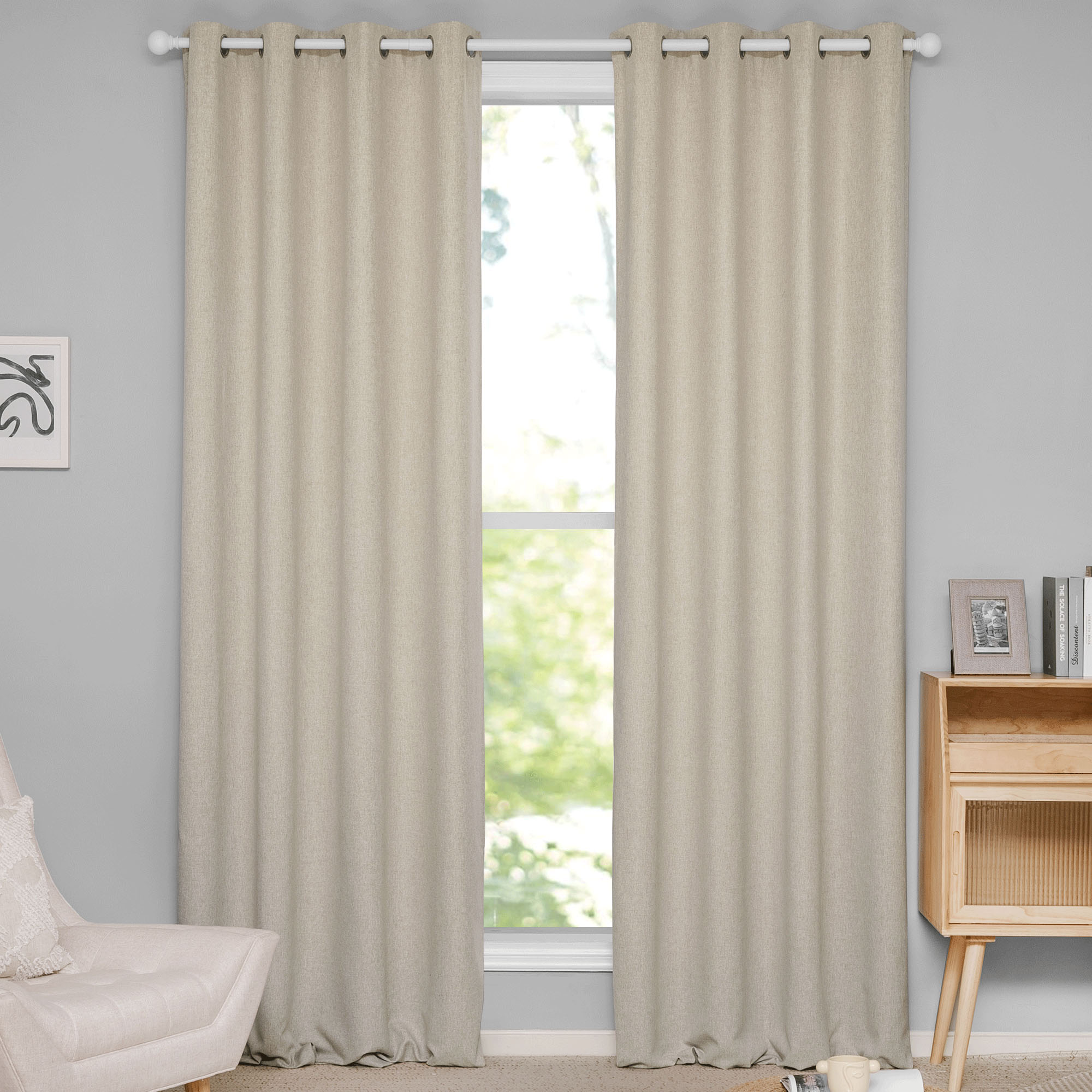 Light beige soft cotton linen curtains with grommet tops, natural flax texture, perfect for home privacy and light control.