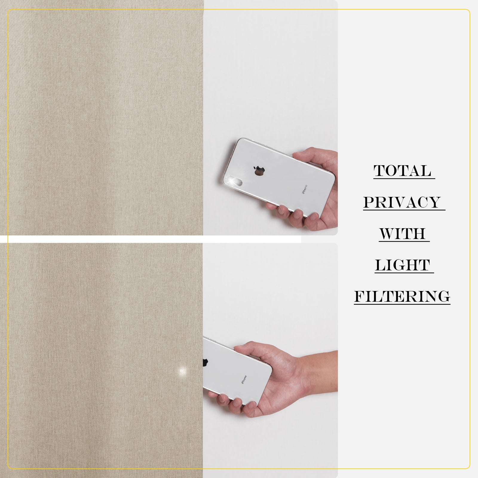 Beige soft cotton linen curtain demonstrating total privacy and light filtering with a phone flashlight shining through.