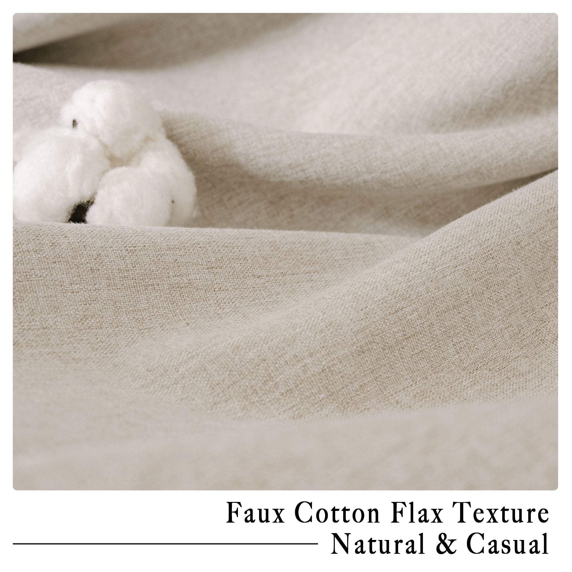 Close-up of soft natural beige cotton linen curtain fabric texture with cotton bolls.