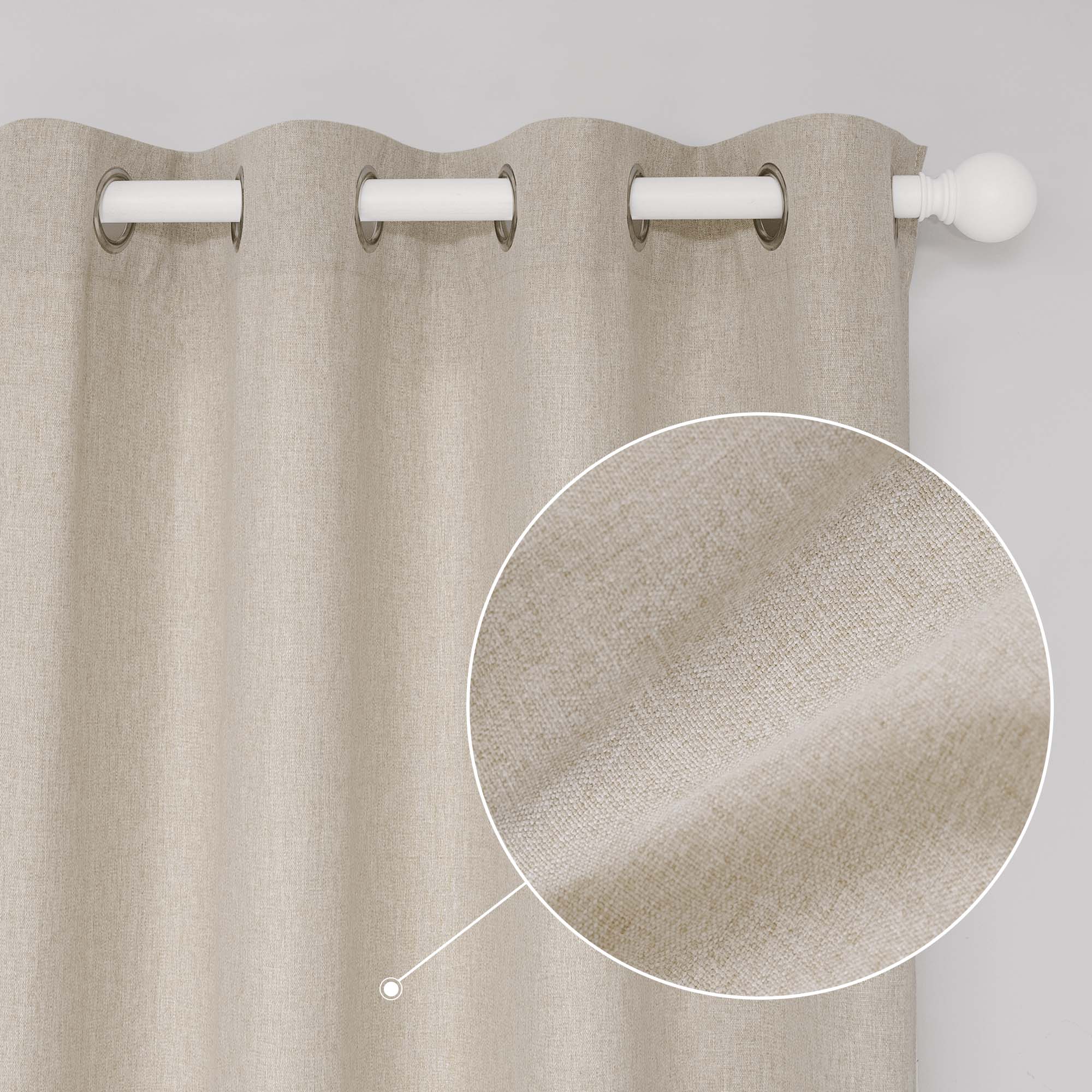 Close-up of a natural beige soft cotton linen curtain panel with grommet top, showing magnified fabric texture detail