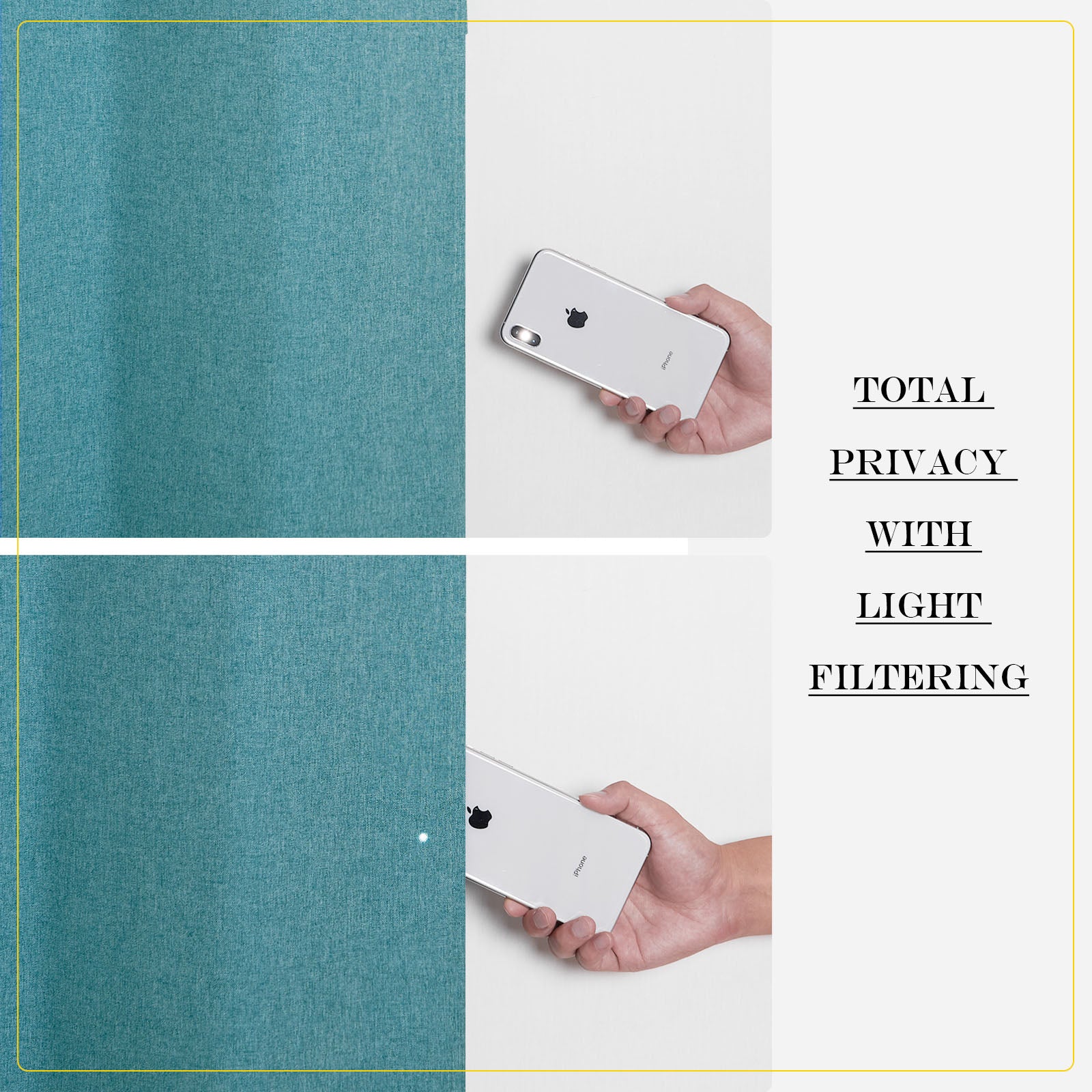 Close-up of teal soft cotton linen curtain fabric demonstrating light filtering and privacy by obscuring a phone flash.