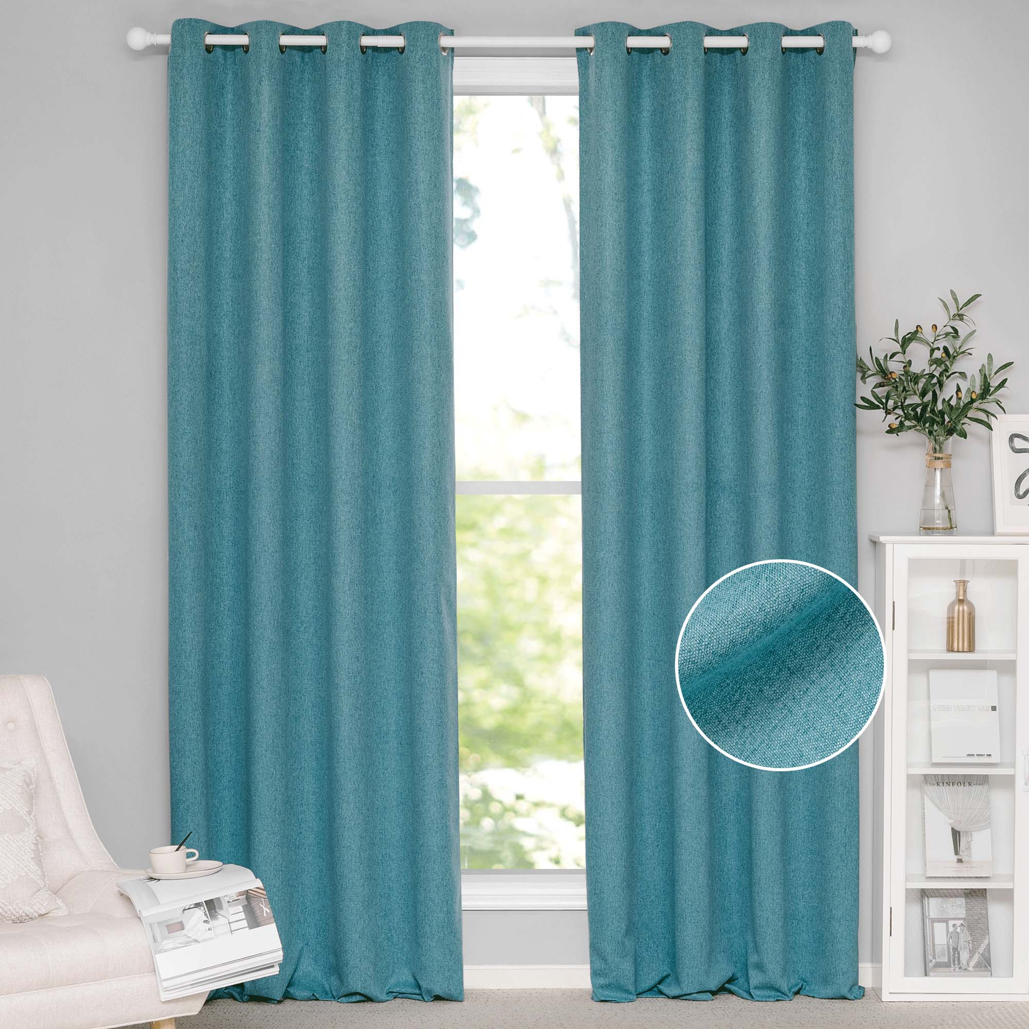 Soft teal cotton linen curtains framing a window in a room, with a detailed close-up showing the rich fabric texture.