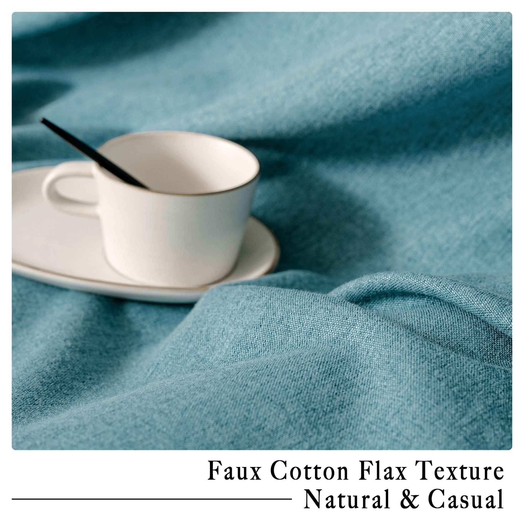 Close-up of soft teal cotton linen curtain fabric with visible faux flax texture and subtle folds, a white cup and saucer blurred in the background.