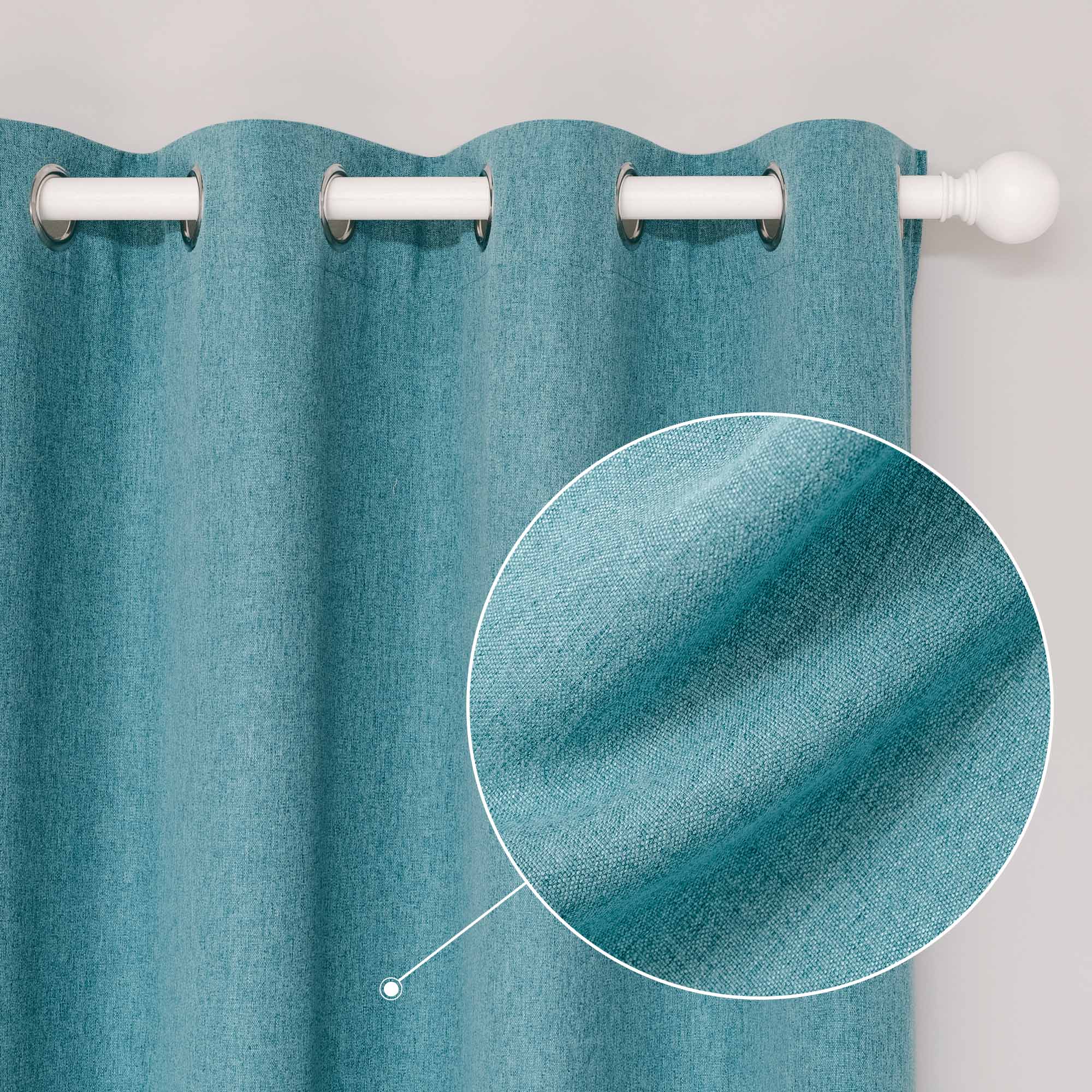 Teal soft cotton linen curtain with metal grommets on a white rod, magnified view highlights the textured fabric.