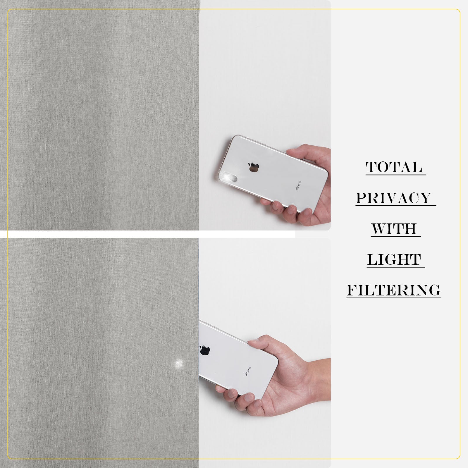 Demonstrating soft cotton linen curtain's light filtering & privacy. Top: Bright phone flashlight. Bottom: Light diffused through fabric.