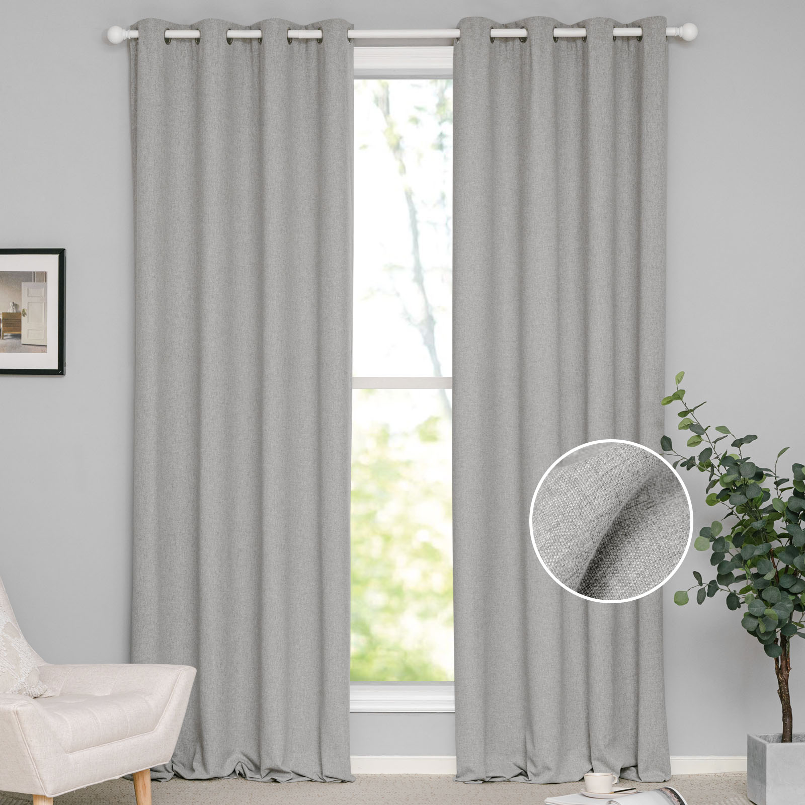 Light gray soft cotton linen grommet curtains hanging on a rod, with a close-up inset showing the fabric texture.
