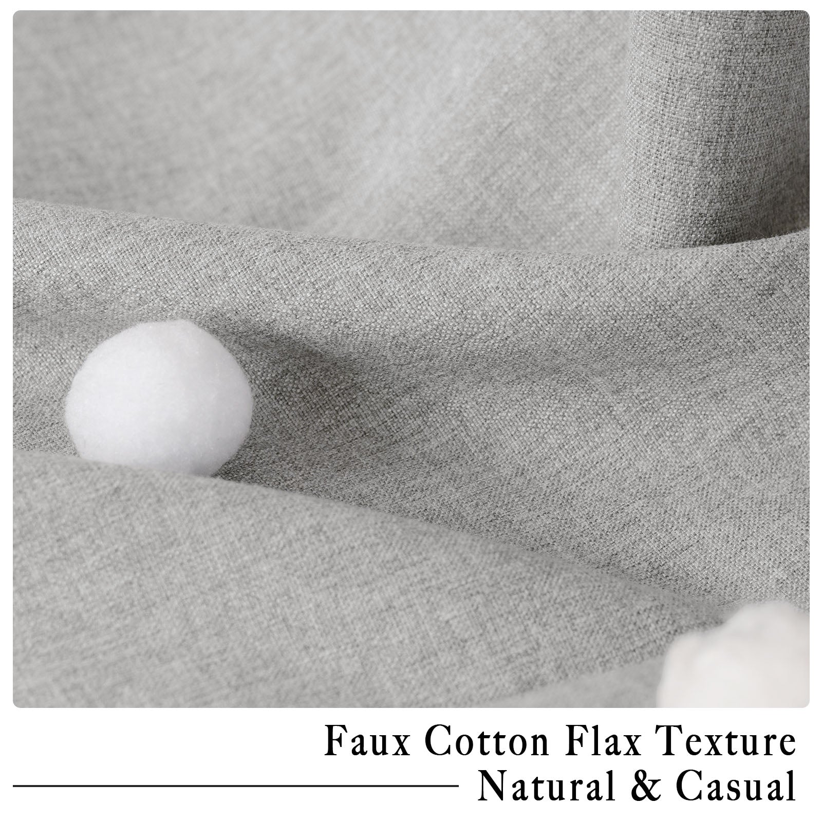 Detailed view of light gray faux cotton linen curtain fabric, highlighting its soft, natural texture and weave, with fluffy white cotton balls.