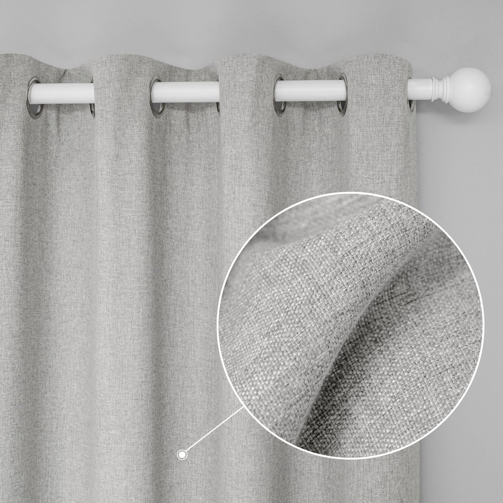 Soft light grey cotton linen curtain with metal eyelets on a white rod, with a magnified inset showcasing the fabric texture.