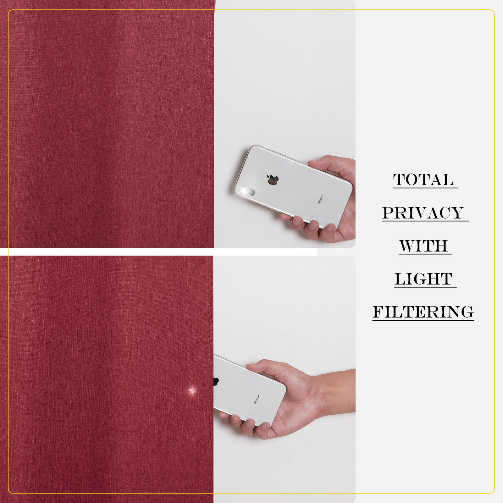 Red soft cotton linen curtain fabric demonstrating total privacy and light filtering; comparing flashlight off versus on.