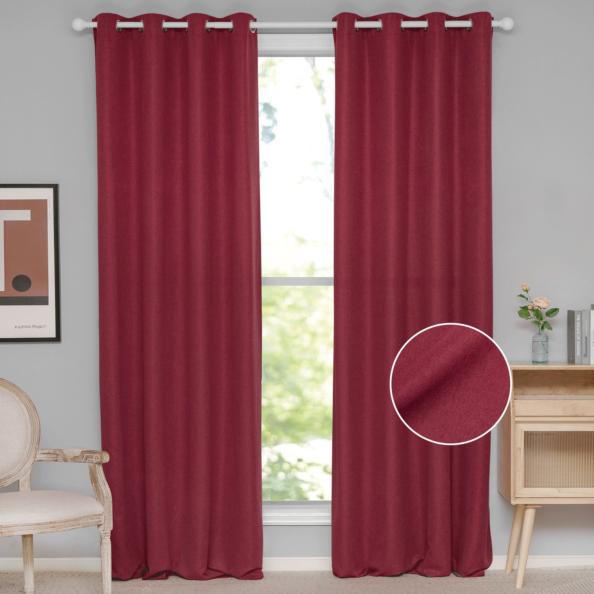 Deep red soft cotton linen grommet curtains hanging in a room, with a zoomed-in circle showing the fabric texture.
