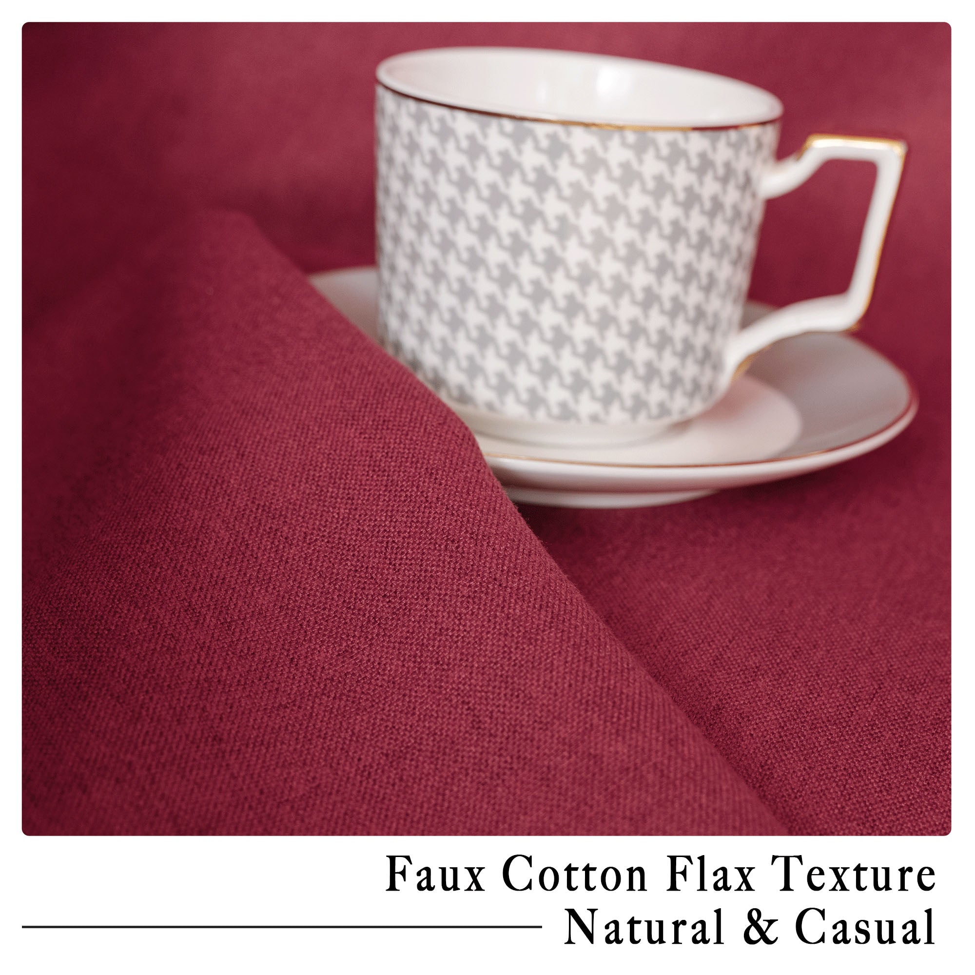 Close-up of burgundy soft cotton linen curtain fabric, highlighting its natural faux flax texture and elegant drape, with a teacup.