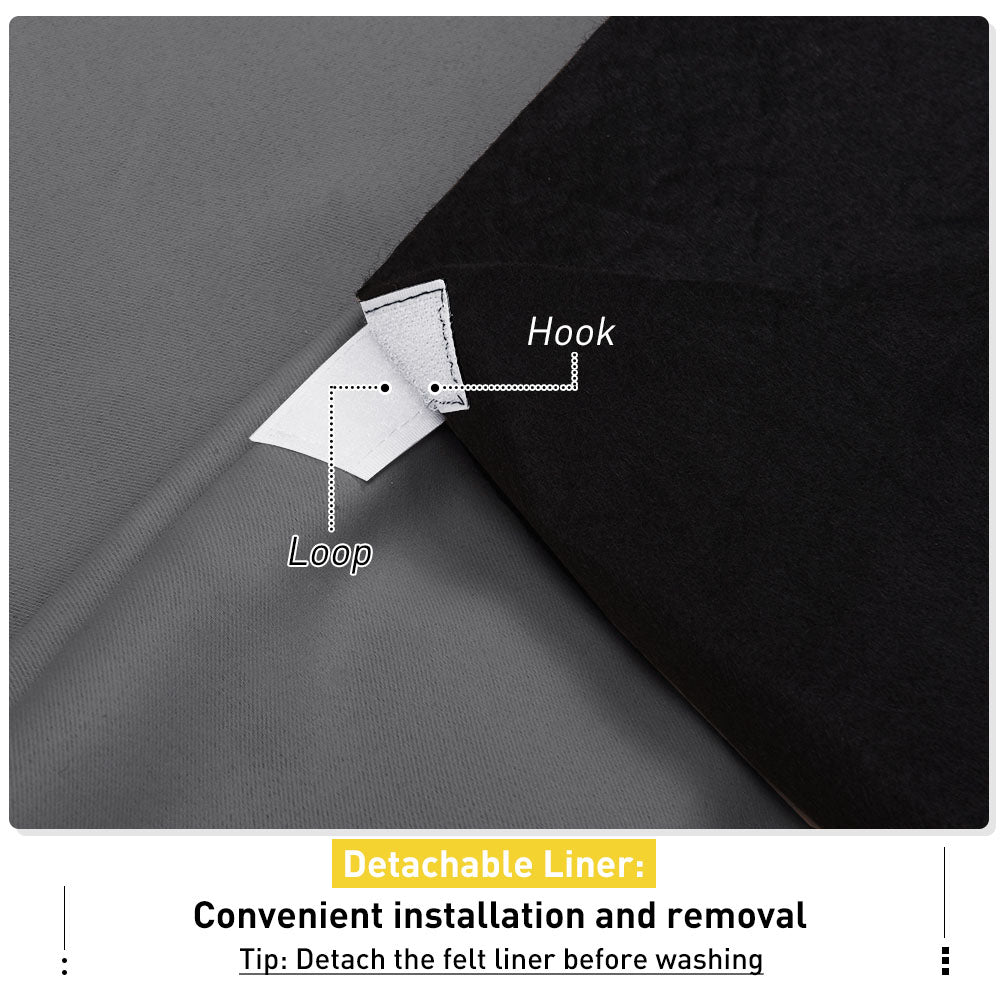 Close-up of the hook and loop fastener on Sound Barrier blackout curtains, showing the detachable black felt liner.