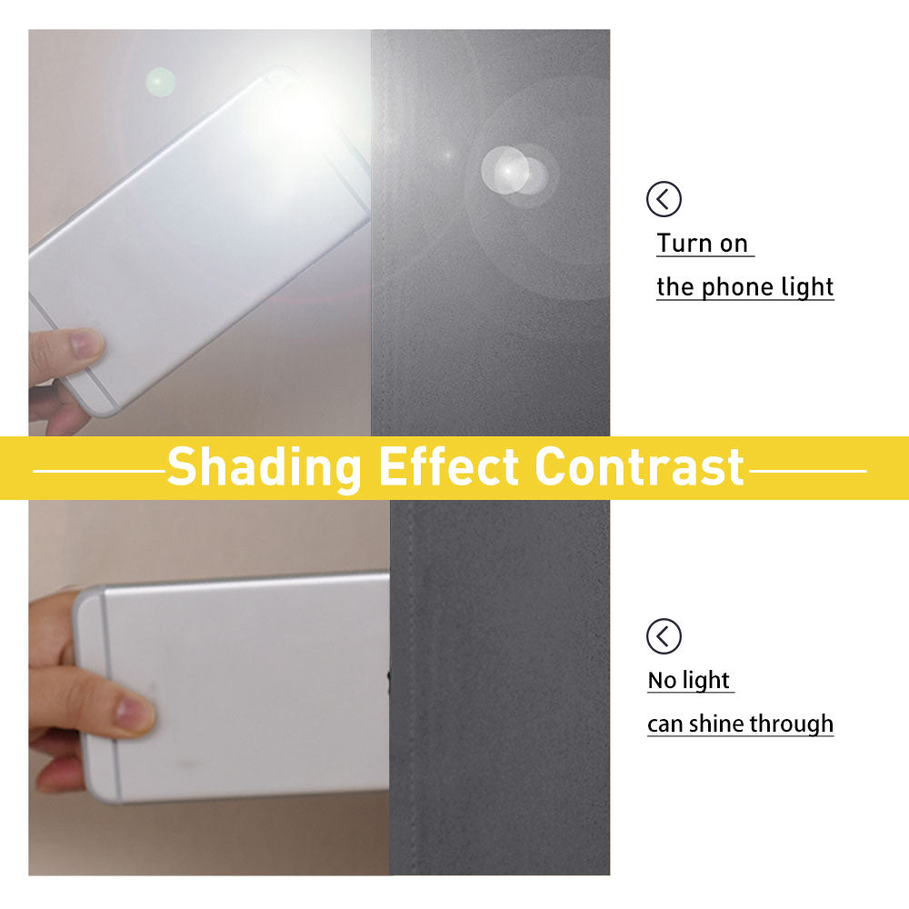 A phone flashlight test shows light passing through a regular curtain but completely blocked by the 100% blackout curtains.