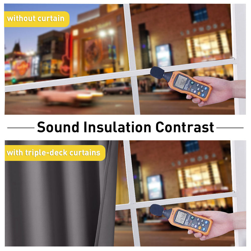 Comparison showing sound barrier curtains reducing noise levels from 76.2 to 47.8 decibels on a sound meter.