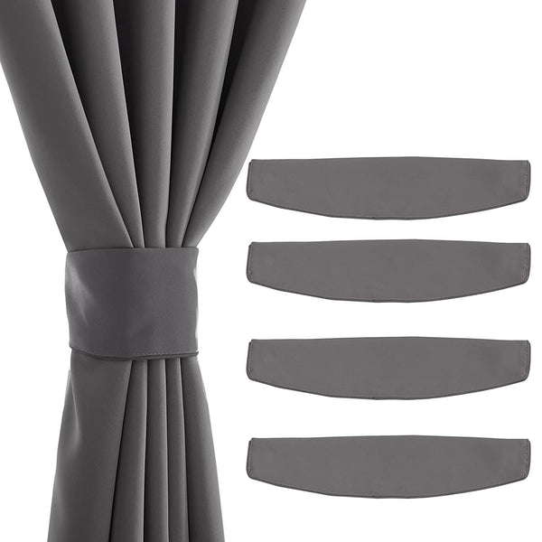 Dark gray curtain held by a strong magnetic tieback, with four additional gray magnetic curtain holdbacks for home decor.