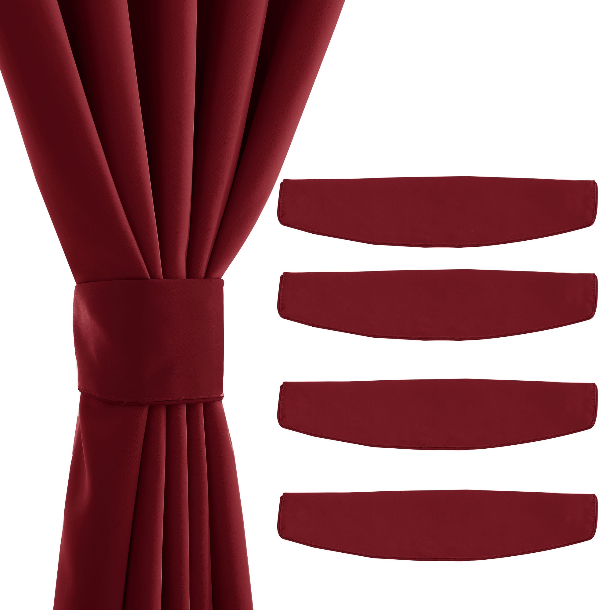 Dark red curtain held by a magnetic tieback, with four matching deep red fabric curtain tiebacks arranged alongside.