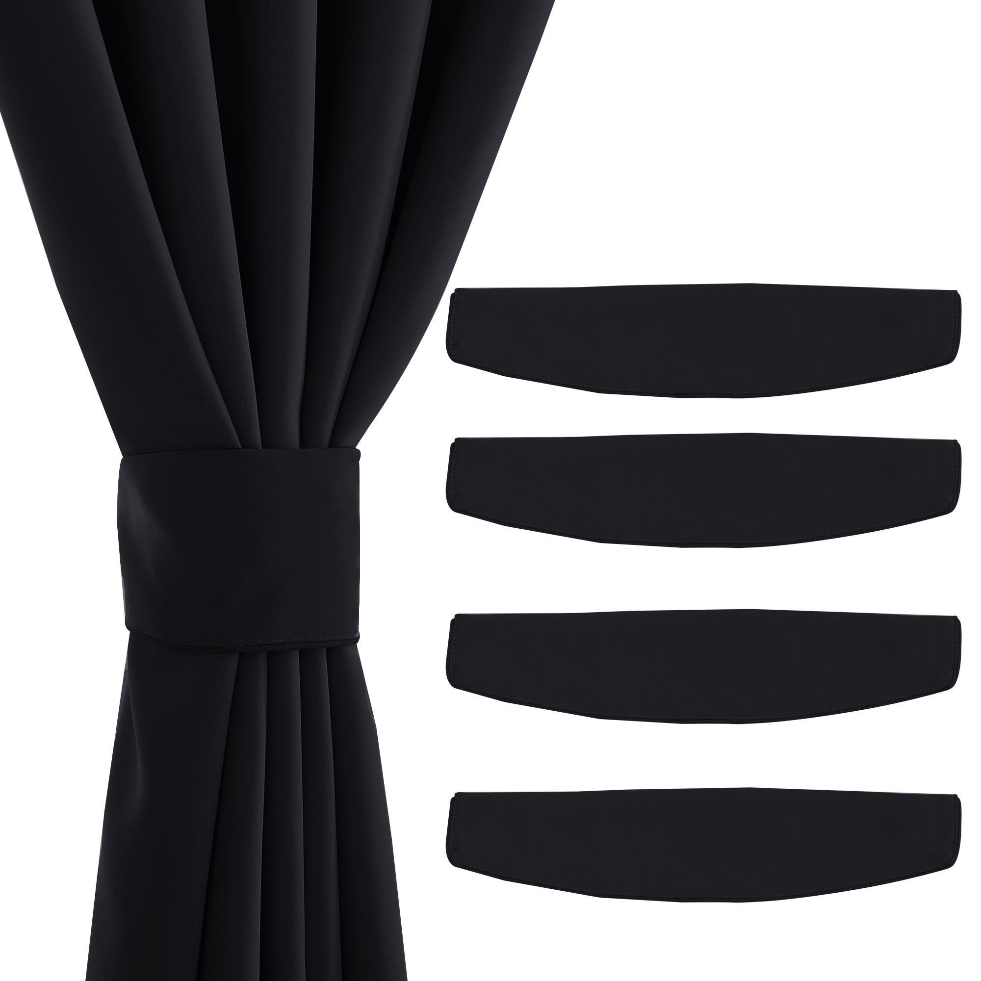 A black curtain held neatly by a strong magnetic tieback. Four individual black magnetic curtain tiebacks are also shown.