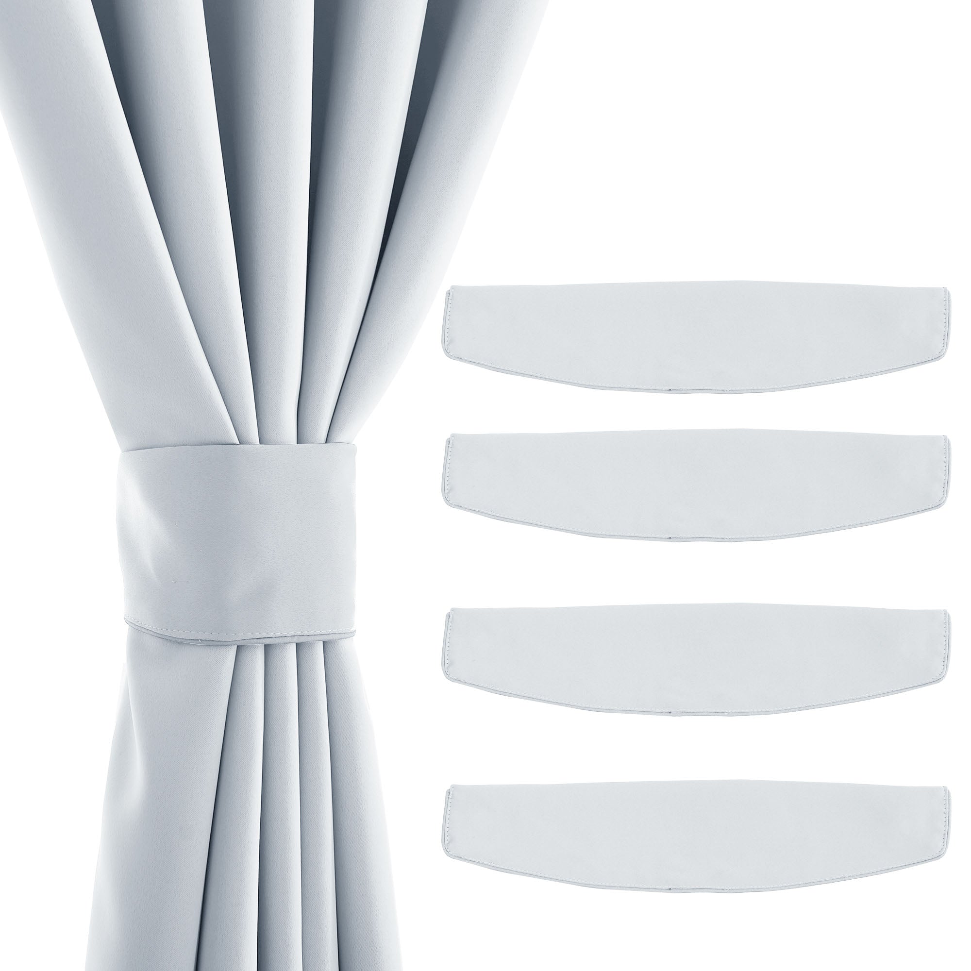 Soft grey curtain held by a matching fabric magnetic tieback, with four loose grey magnetic curtain tiebacks showing curved edges.