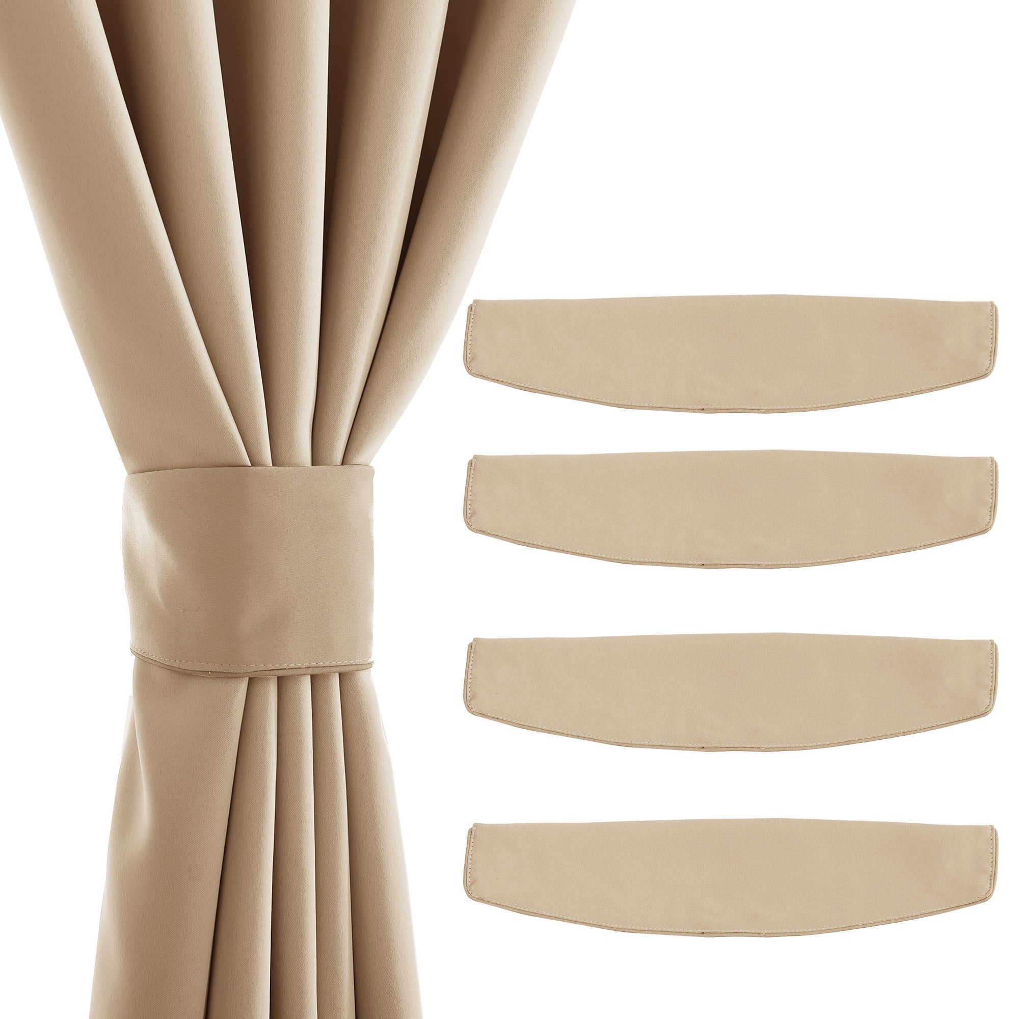 Beige magnetic curtain tieback styling a pleated curtain, with four individual wide-band tiebacks neatly displayed.