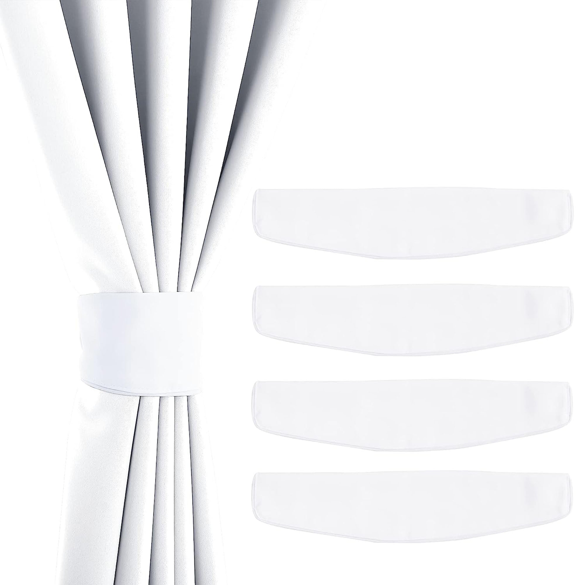 White curtain gathered by a magnetic tieback, plus four individual white fabric components for strong magnetic curtain tiebacks.