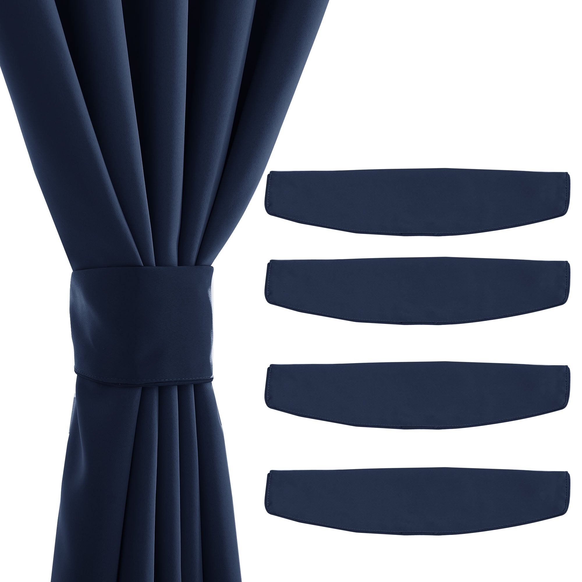 Navy blue curtain secured by a strong magnetic fabric tieback; four additional navy curtain holdbacks are shown.