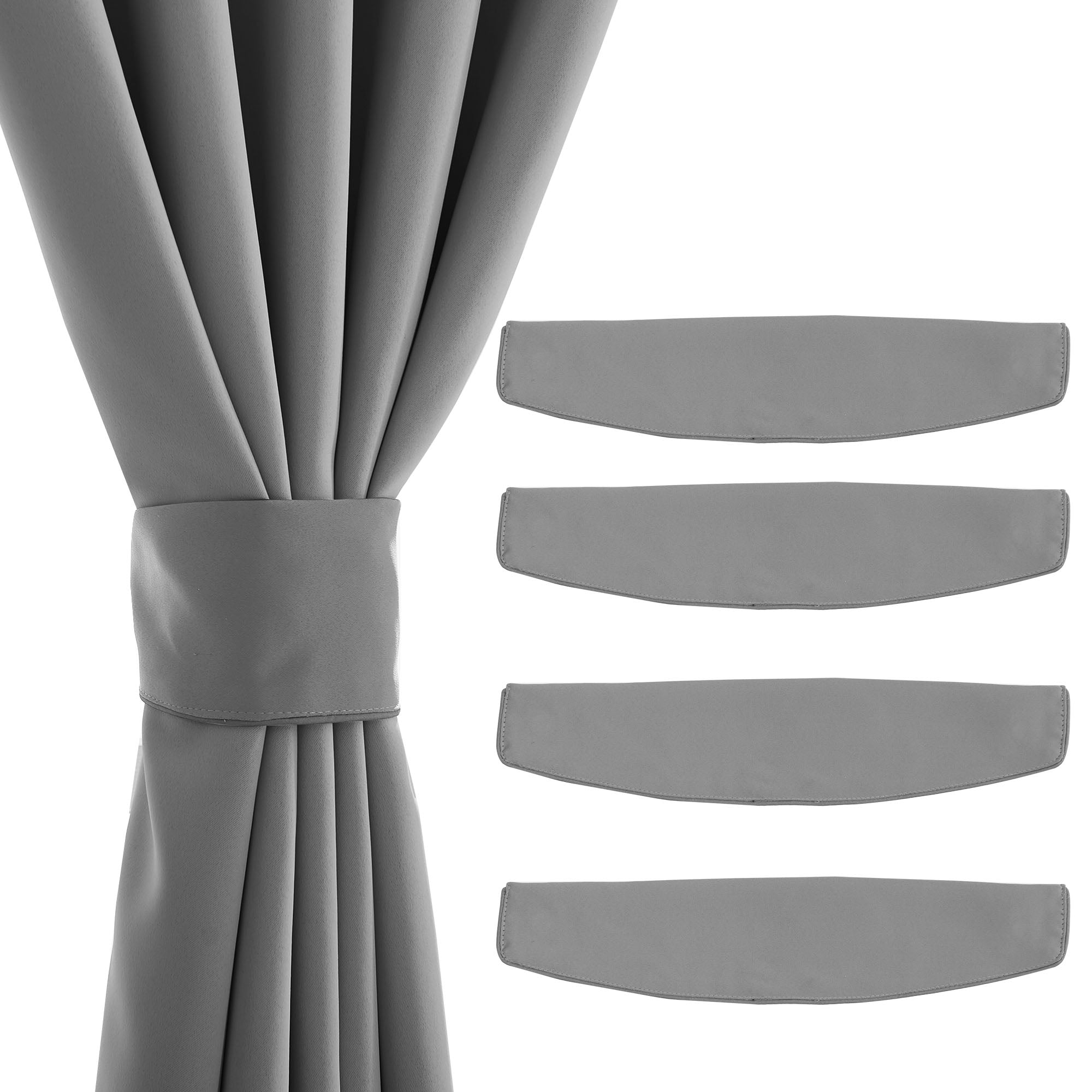 Grey curtain tied back with a magnetic tieback, alongside four loose matching strong magnetic curtain tiebacks.