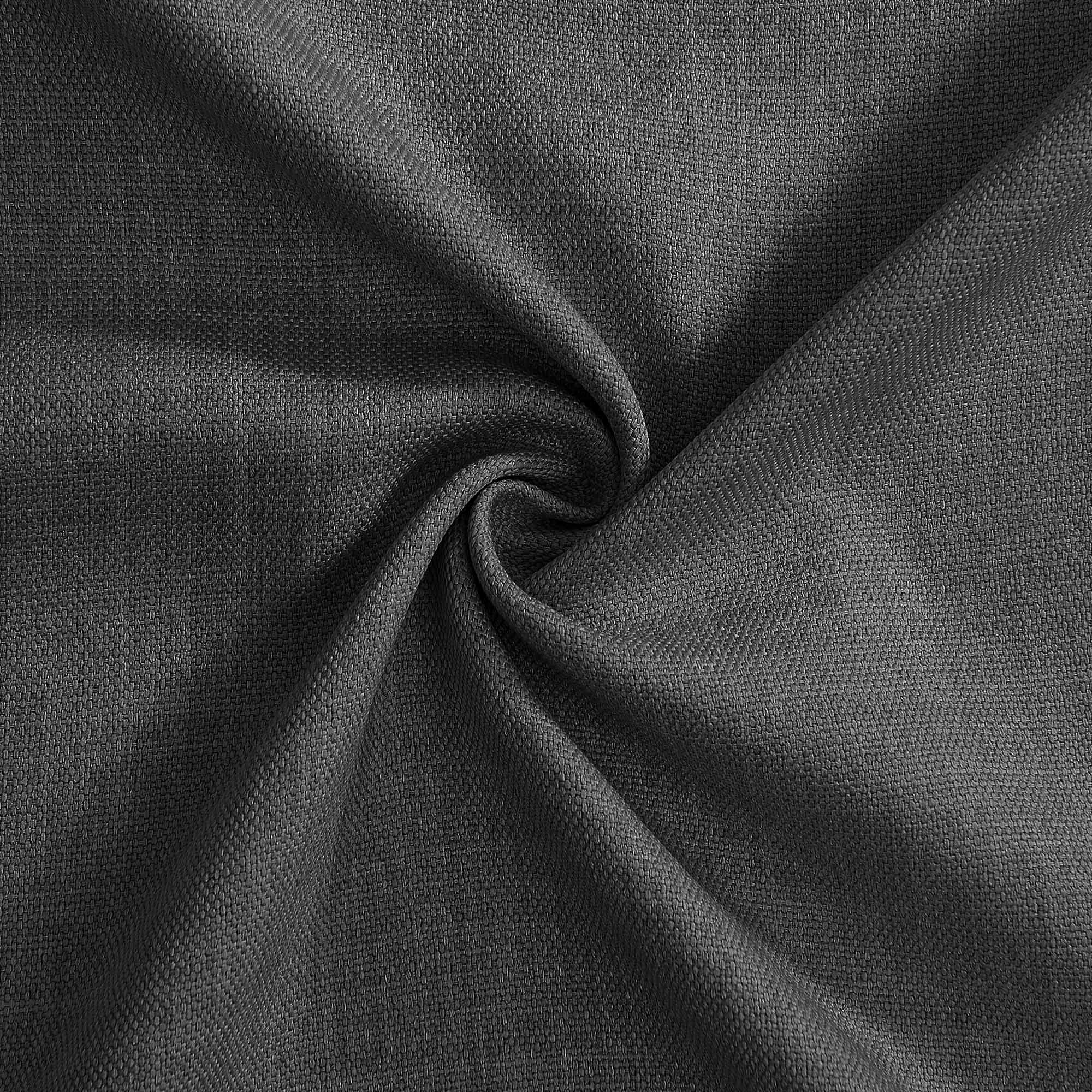 Close-up of a dark grey tablecloth fabric, showcasing its tightly woven texture and soft, elegant folds.