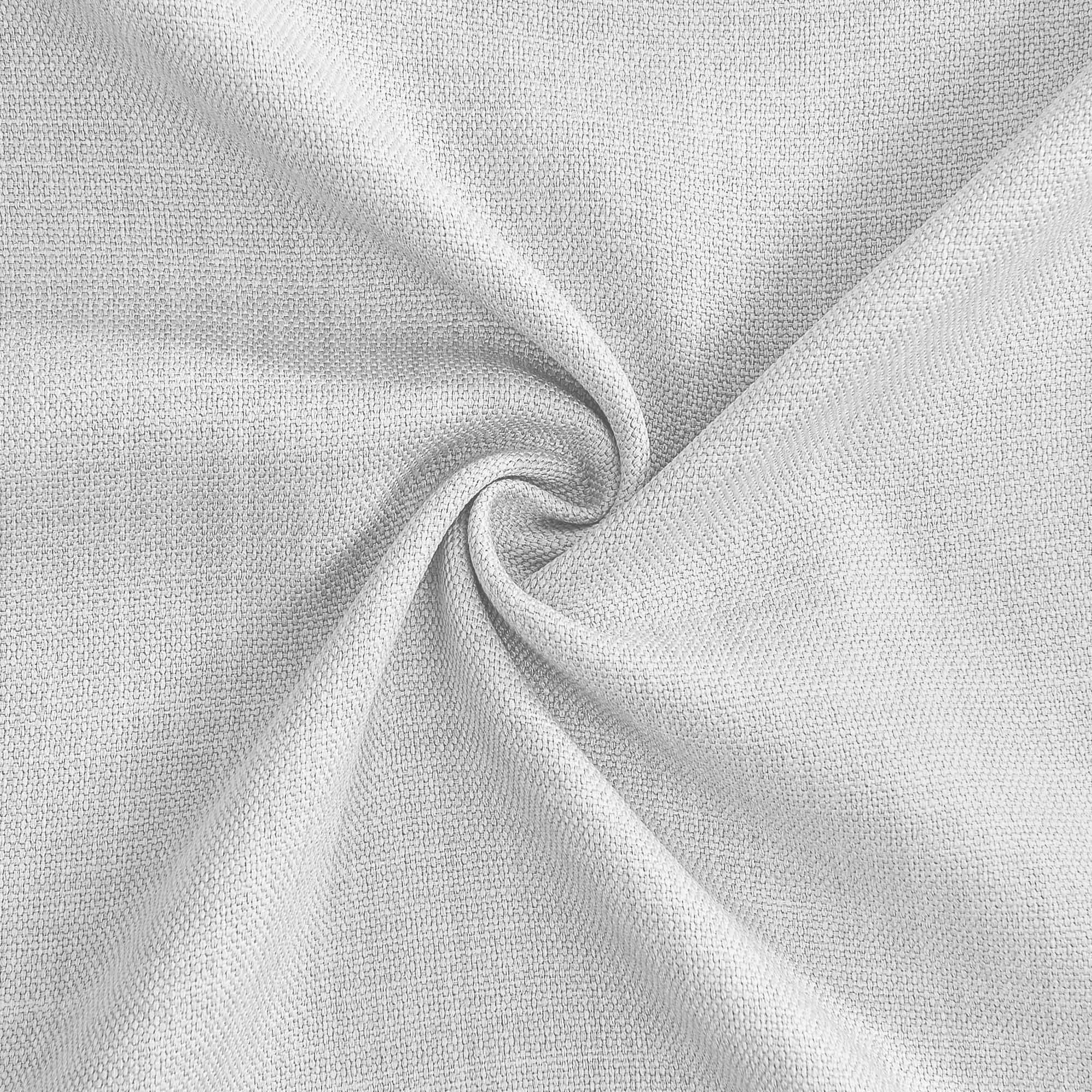 Close-up of a light grey tablecloth fabric showing its textured weave and soft folds.