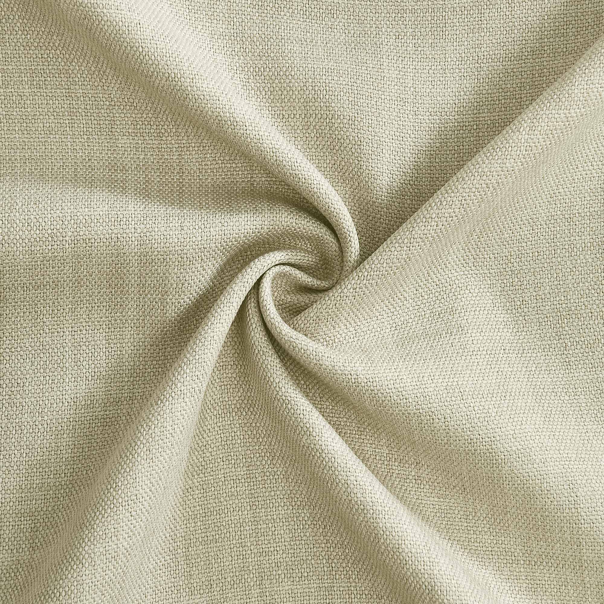 Close-up of a light tan tablecloth fabric, folded to reveal its detailed woven texture and soft, natural color.