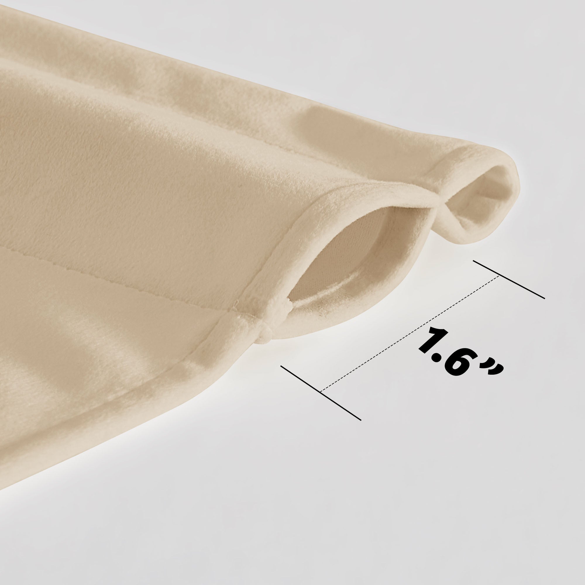 Close-up of a beige velvet curtain's rod pocket with a measurement graphic showing a 1.6-inch diameter.