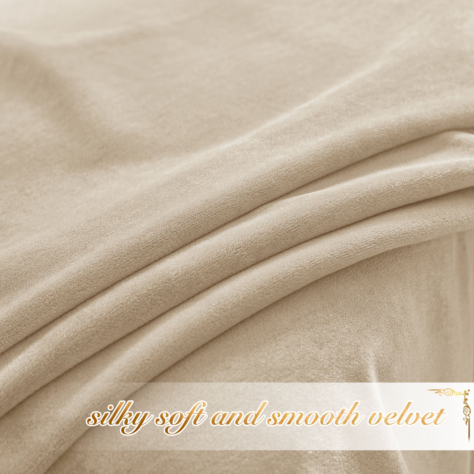 A close-up of the silky, soft texture of a beige velvet curtain, showing the plush fabric gathered in gentle folds.