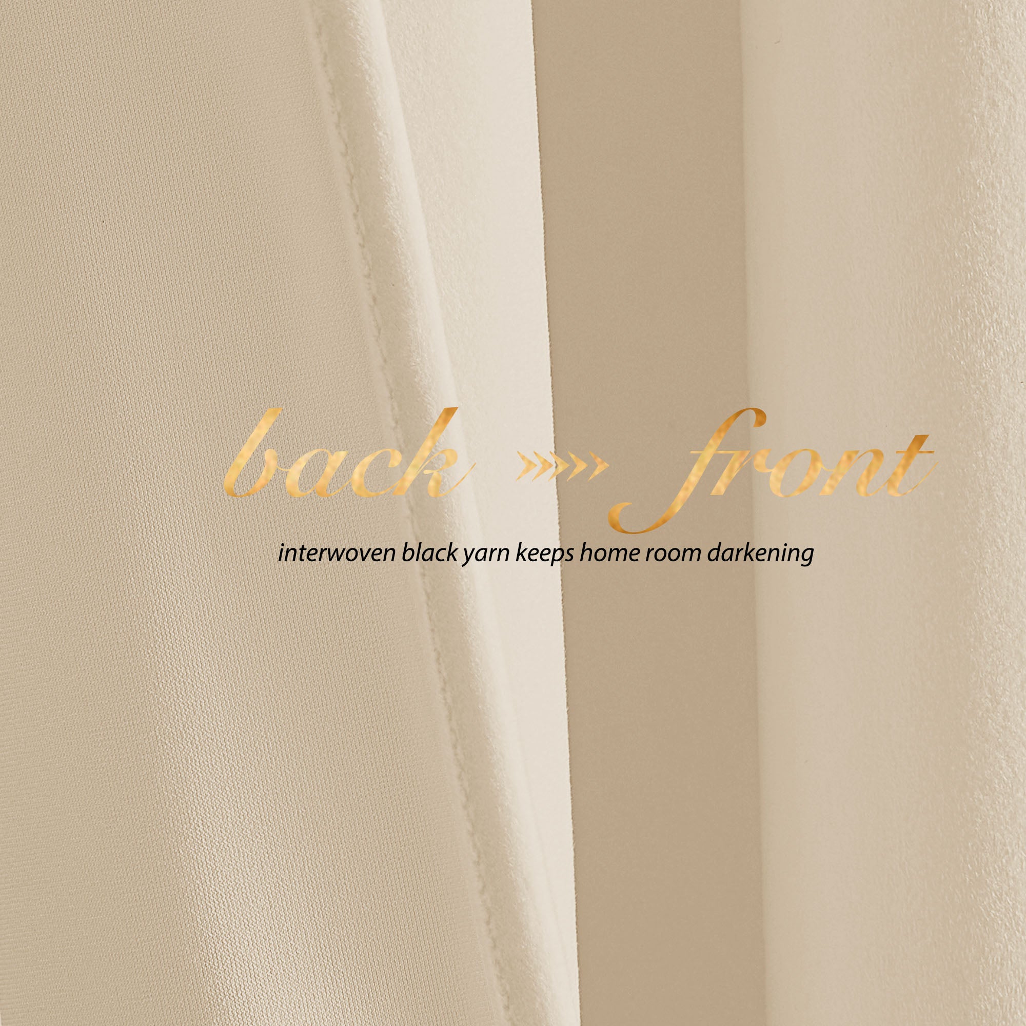 Close-up showing the plush front and woven back of a cream velvet curtain with interwoven black yarn for room darkening.