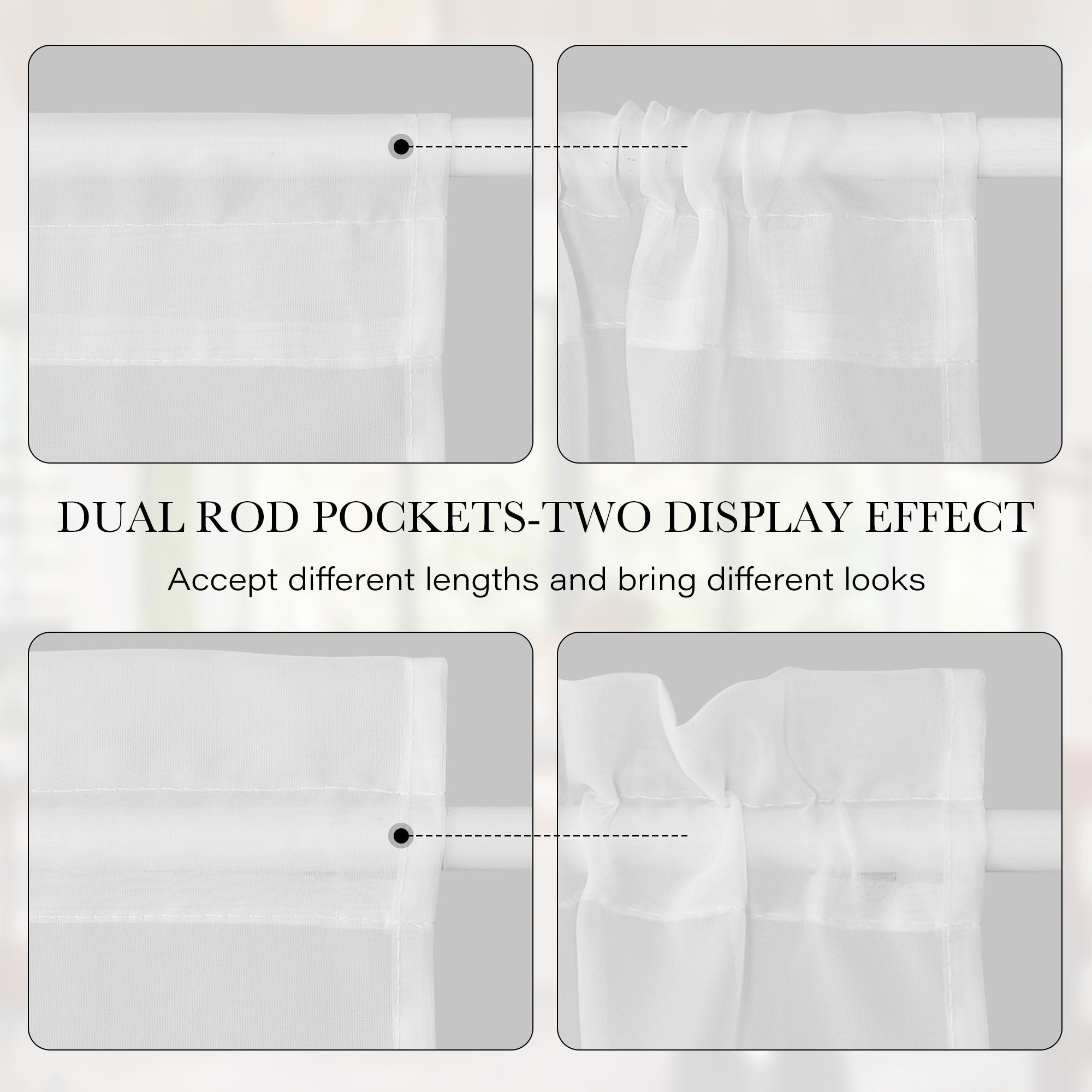 Close-up of white voile sheer door curtains demonstrating dual rod pockets, showing flat and gathered display effects.