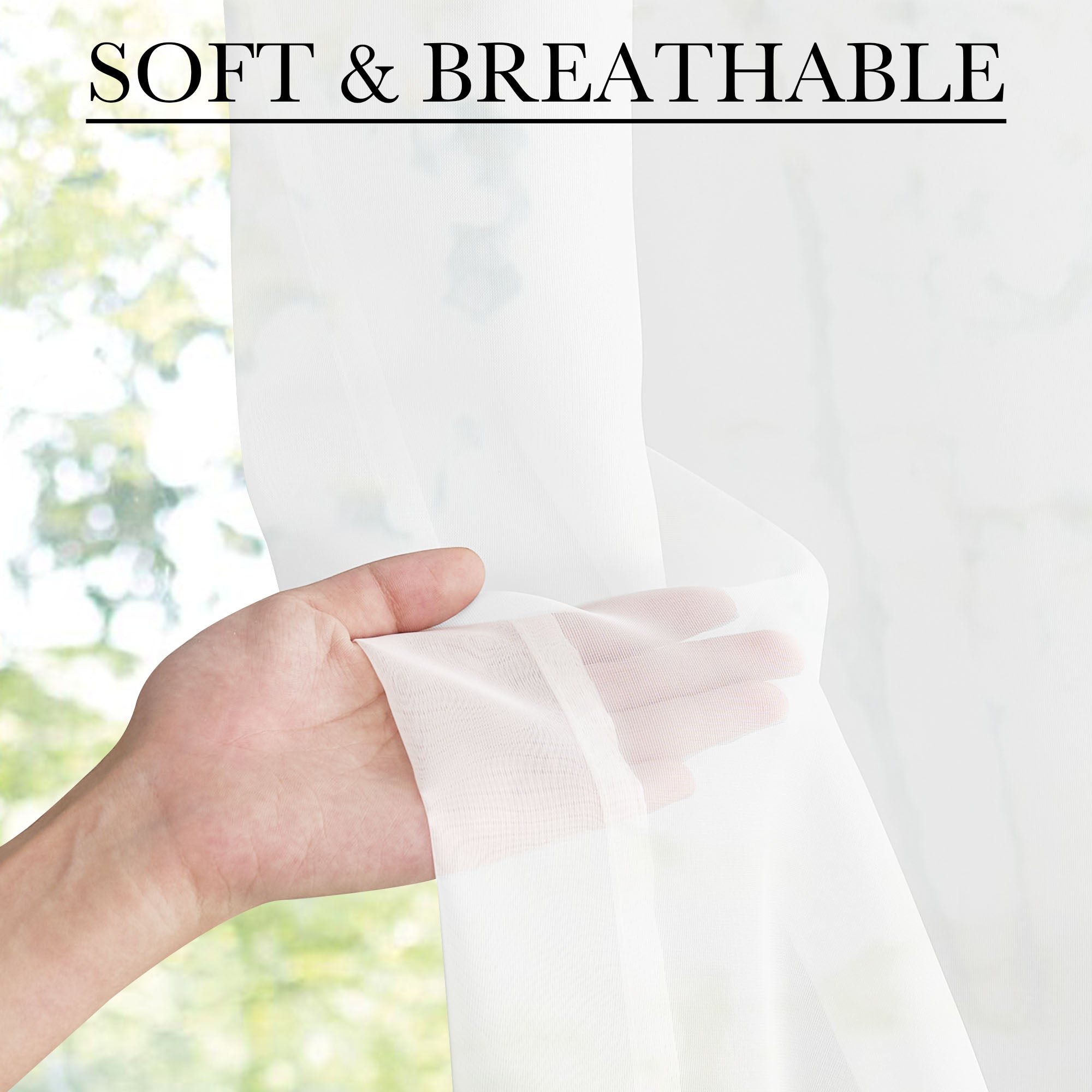 Detail shot: hand holding soft, sheer white voile door curtain, demonstrating its breathable fabric against a blurry outdoor background.