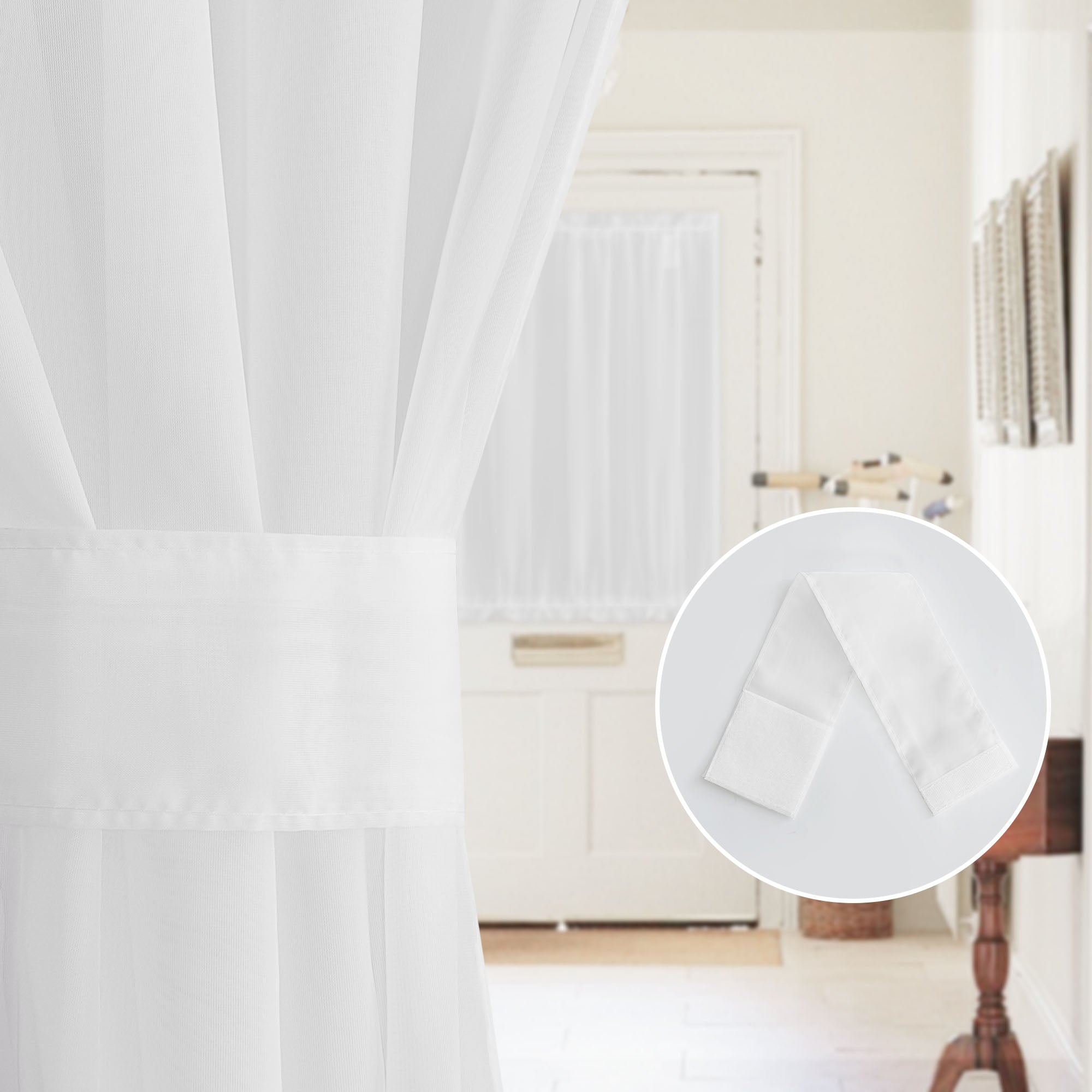 White sheer voile door curtain tied back, showcasing the fabric. Inset displays the white tie-back strap with hook-and-loop fasteners.
