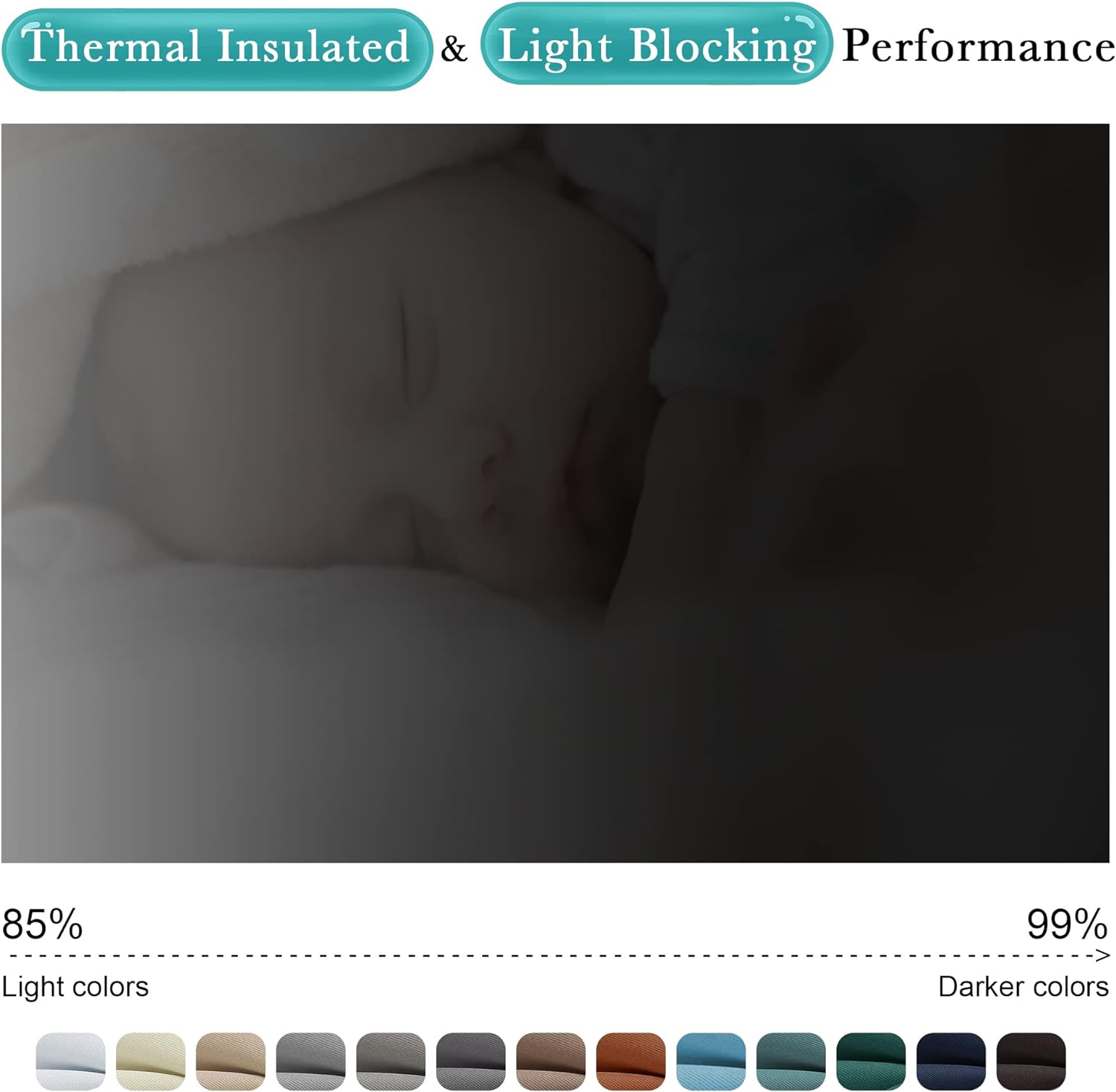 Baby sleeping in a dark room, showing thermal insulated, light-blocking outdoor curtains. Color swatches display 85-99% blackout.