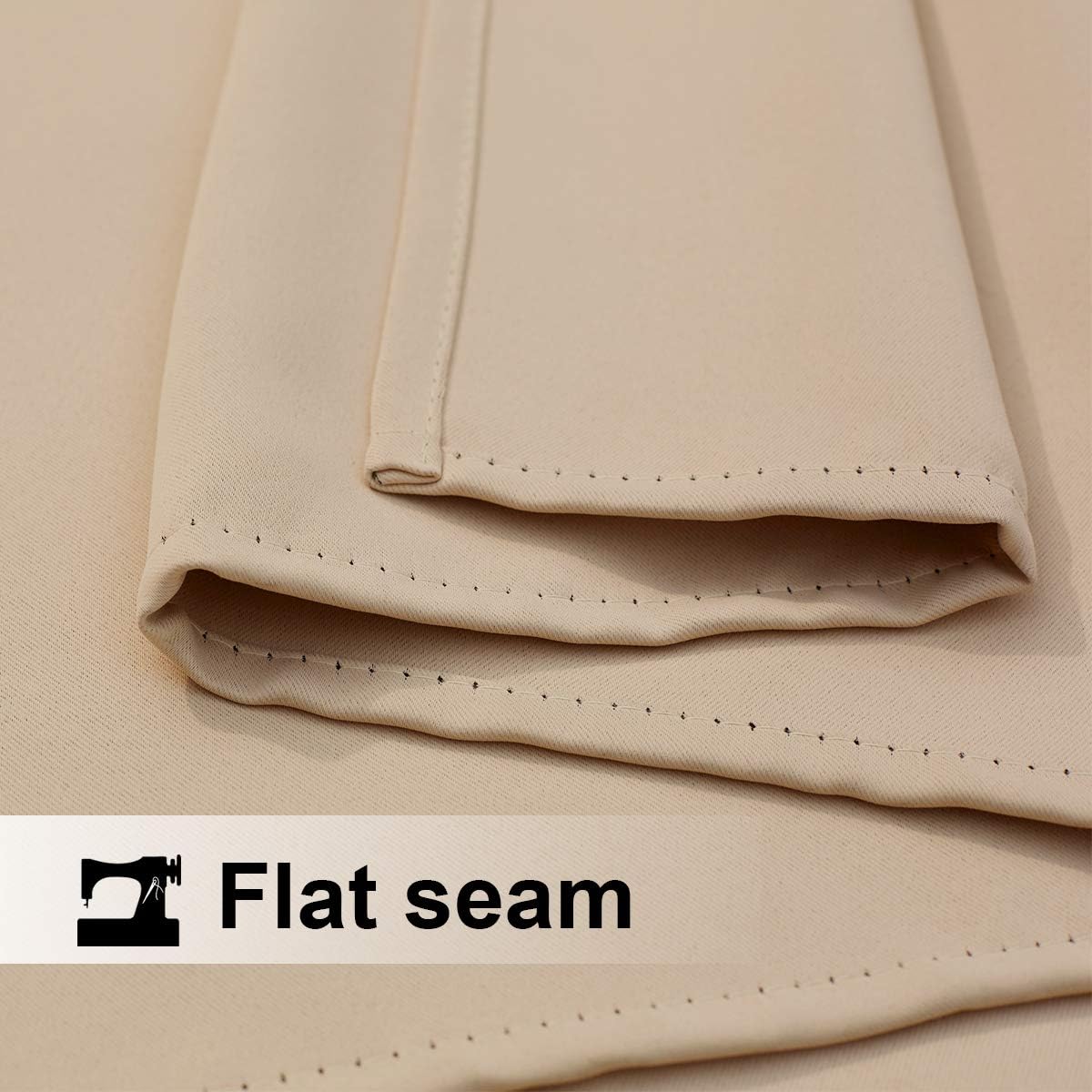 Close-up of a flat seam detail on a light beige outdoor curtain, highlighting precise, durable stitching.