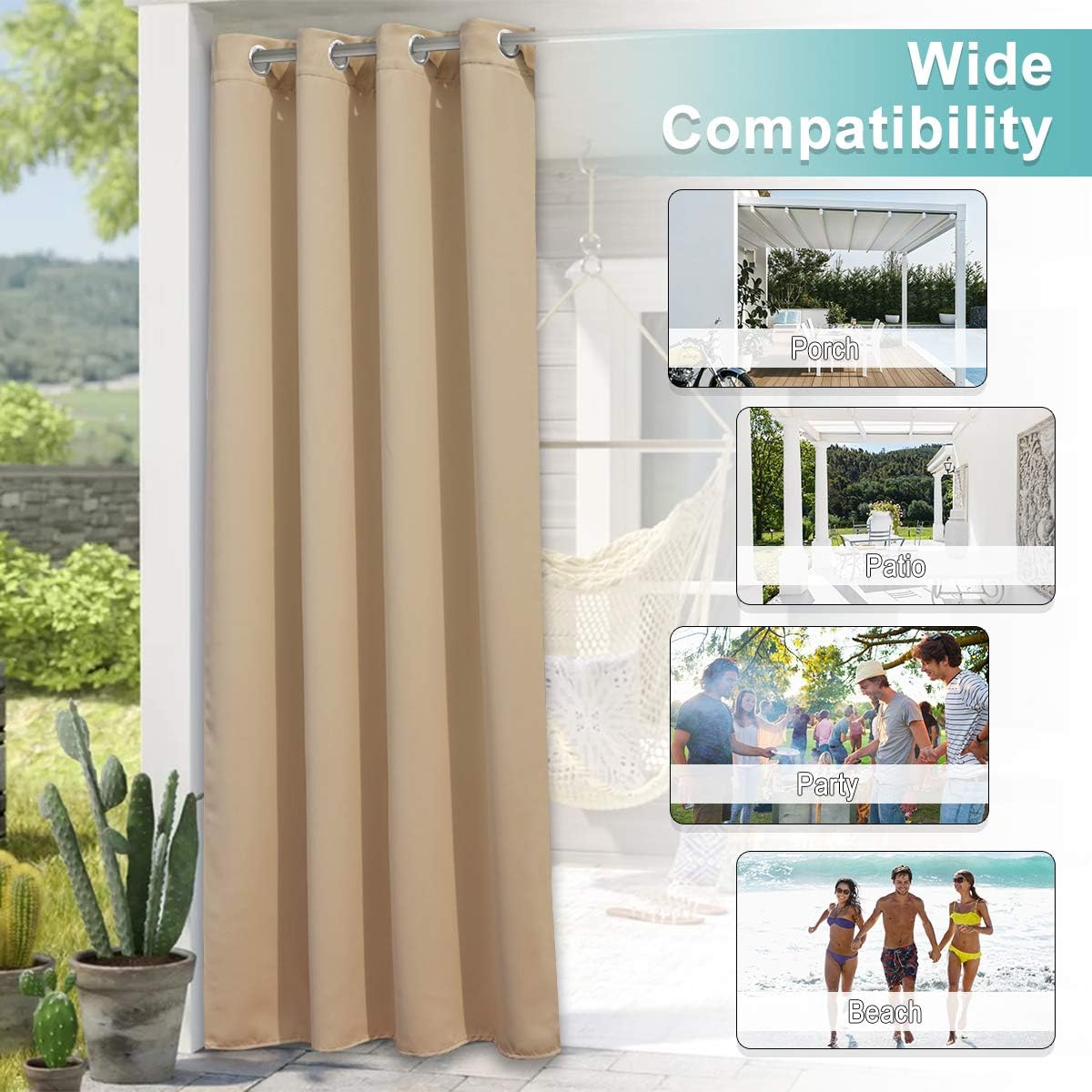 Beige custom waterproof outdoor curtain with grommets. Insets show its wide compatibility for porch, patio, party, and beach.
