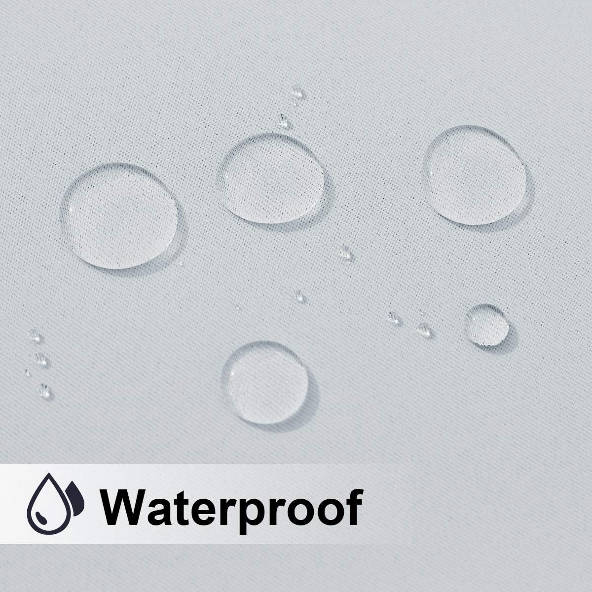 Close-up of water droplets beading on the light grey fabric of a waterproof custom outdoor curtain, showcasing its water-repellent property.