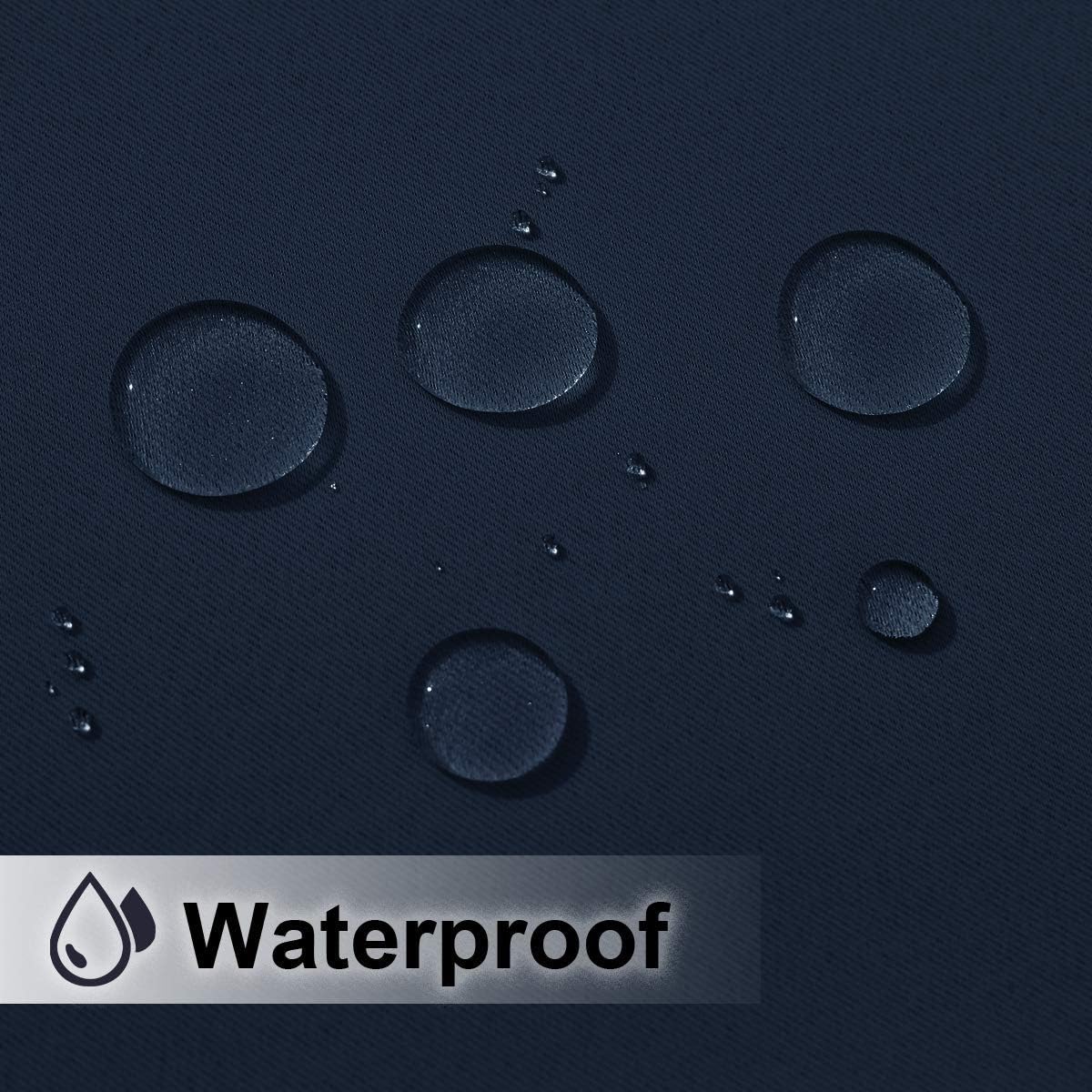 Water droplets beading on dark blue waterproof custom outdoor curtain fabric. Graphic highlights 'Waterproof' quality.