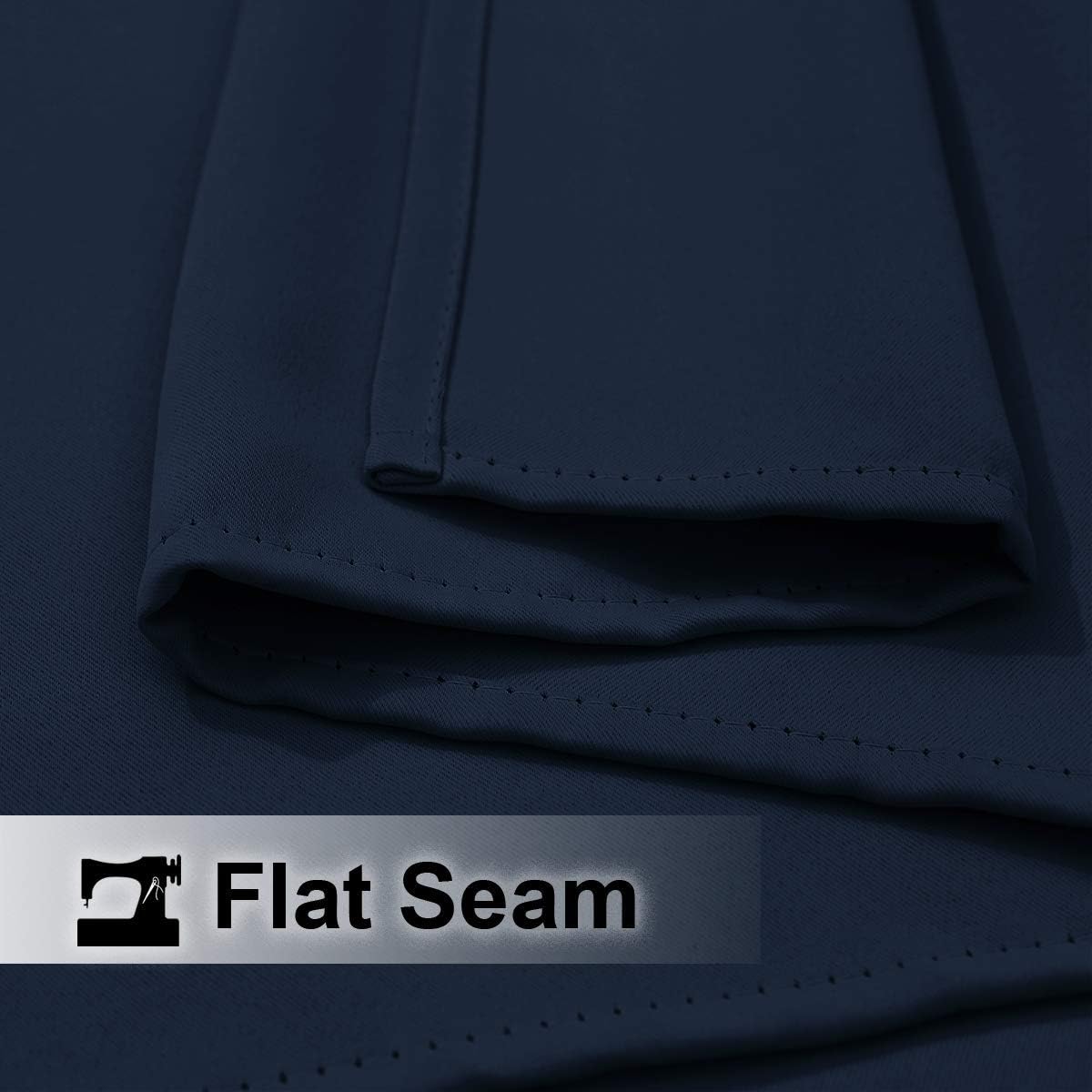 Close-up of navy blue waterproof outdoor curtain fabric, highlighting the durable flat seam and precise stitching detail.
