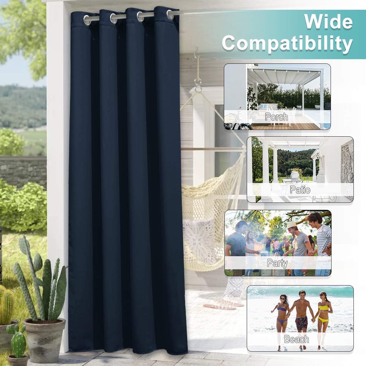 Navy outdoor curtain with grommets on a patio, showcasing wide compatibility. Insets display uses for porch, patio, party, and beach.