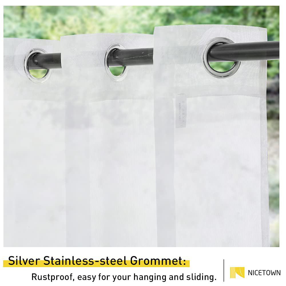 White waterproof sheer outdoor curtain close-up, highlighting silver stainless-steel grommets on a rod. Rustproof design detail.