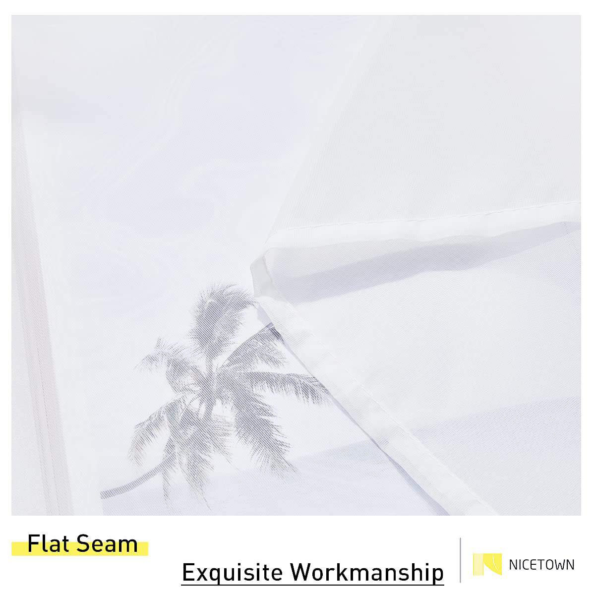 White sheer waterproof outdoor curtain fabric detail, highlighting a flat seam and subtle palm tree design.