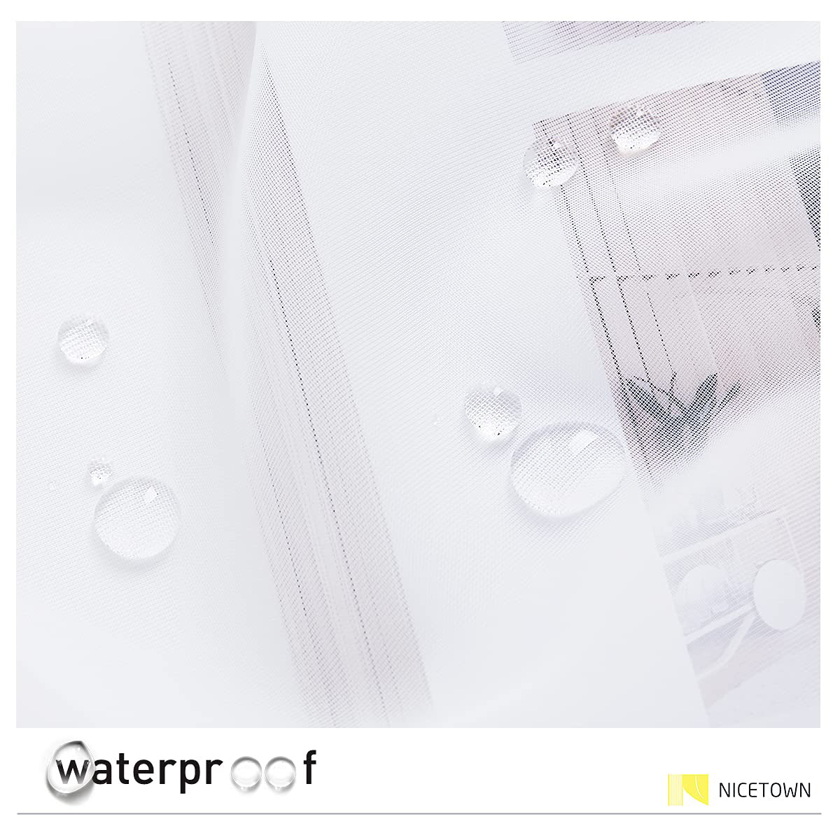 Close-up of white sheer outdoor curtain fabric with water droplets beading, showcasing its waterproof quality.