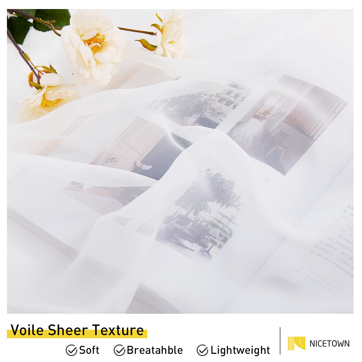 Close-up of white sheer voile outdoor curtain fabric draped, revealing its lightweight texture and translucent quality.