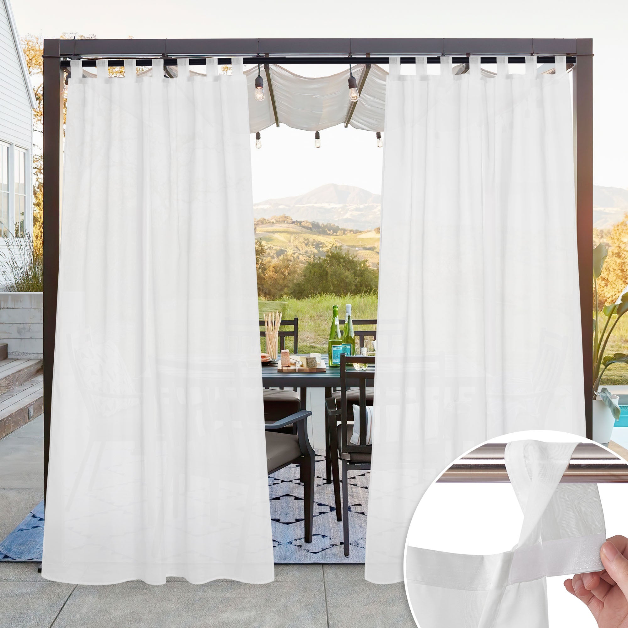 White sheer outdoor curtains on a pergola, with a close-up showing the tab top hanging style.