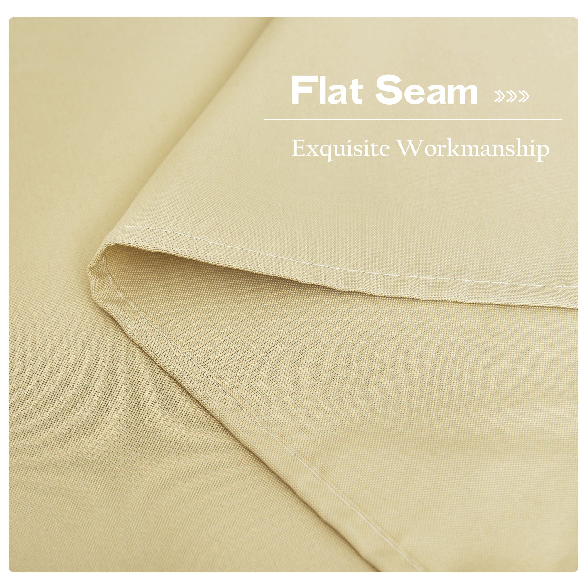 Detailed view of a flat seam on a light beige waterproof canvas outdoor curtain, showcasing durable stitching and exquisite workmanship.