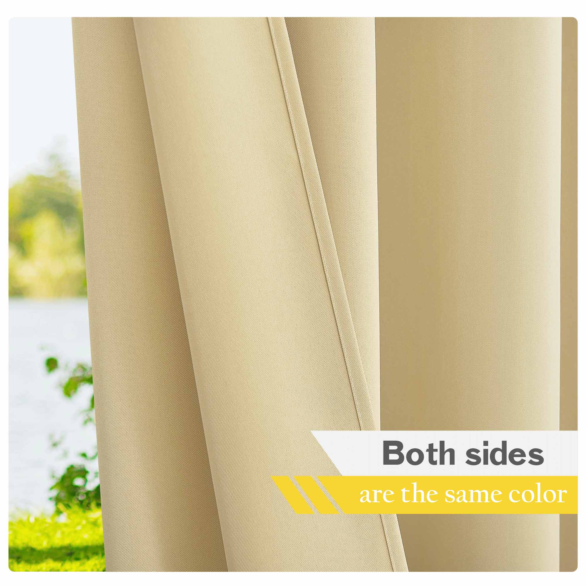 Close-up of beige waterproof outdoor canvas curtain, showing the textured fabric and consistent solid color on both sides.