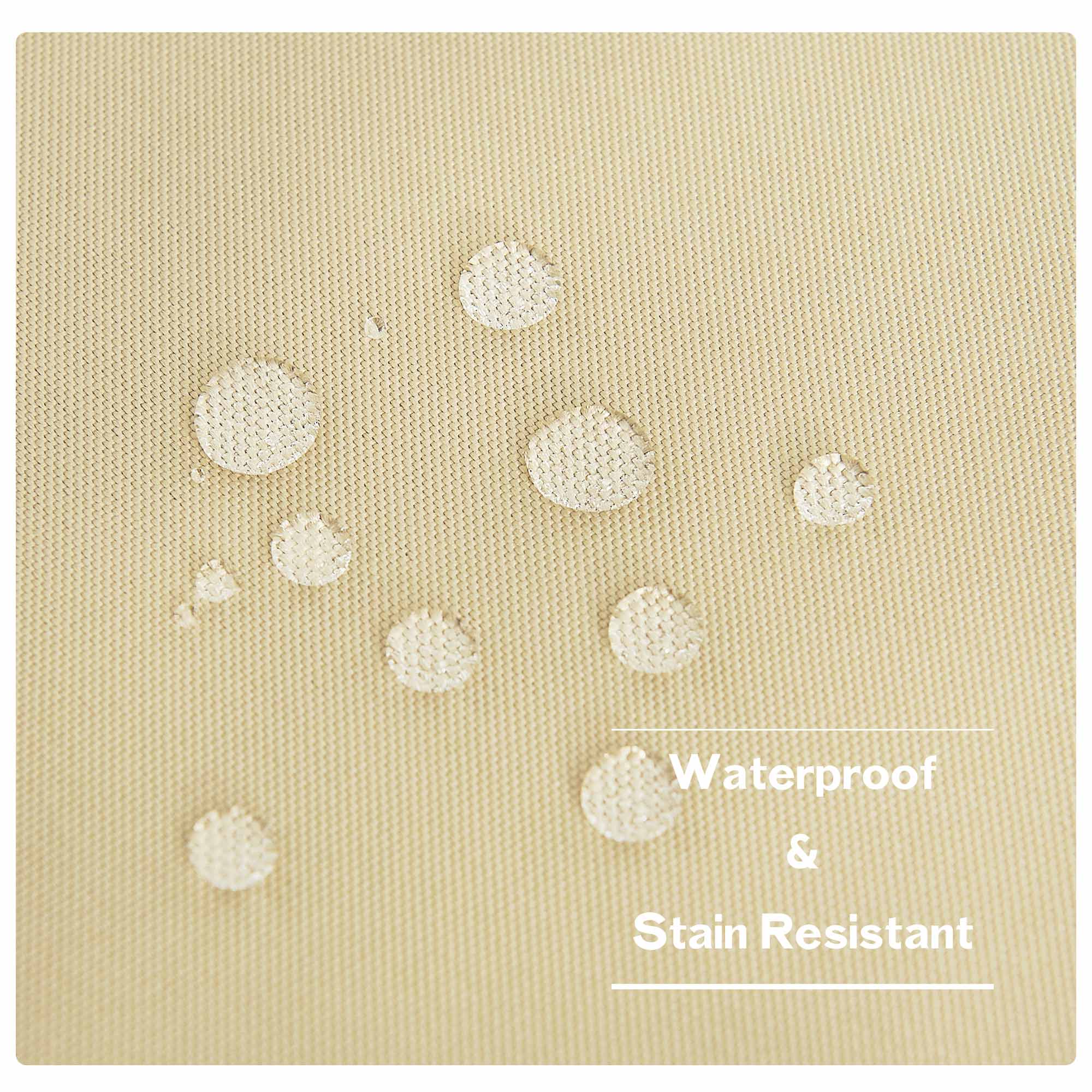 Close-up of beige waterproof canvas outdoor curtain fabric with water droplets beading, demonstrating its stain resistant quality.